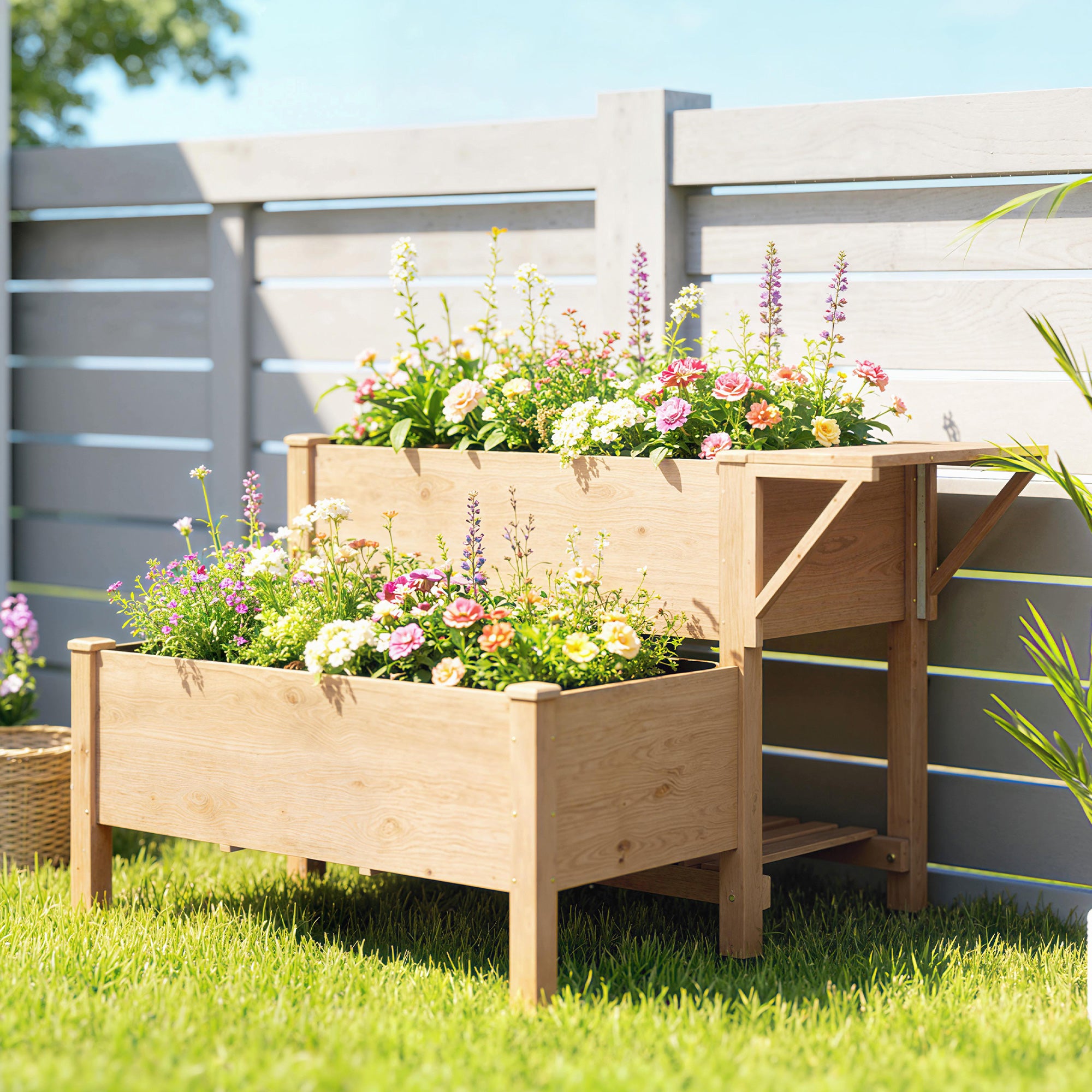 2-Tier Elevated Planter with Fabric Liner, Drainage Holes & Side Shelf, Pine Raised Garden Bed for Garden & Balcony — 119.5 x 102 x 76.5 cm (47.0 x 40.2 x 30.1 in) — Light Brown