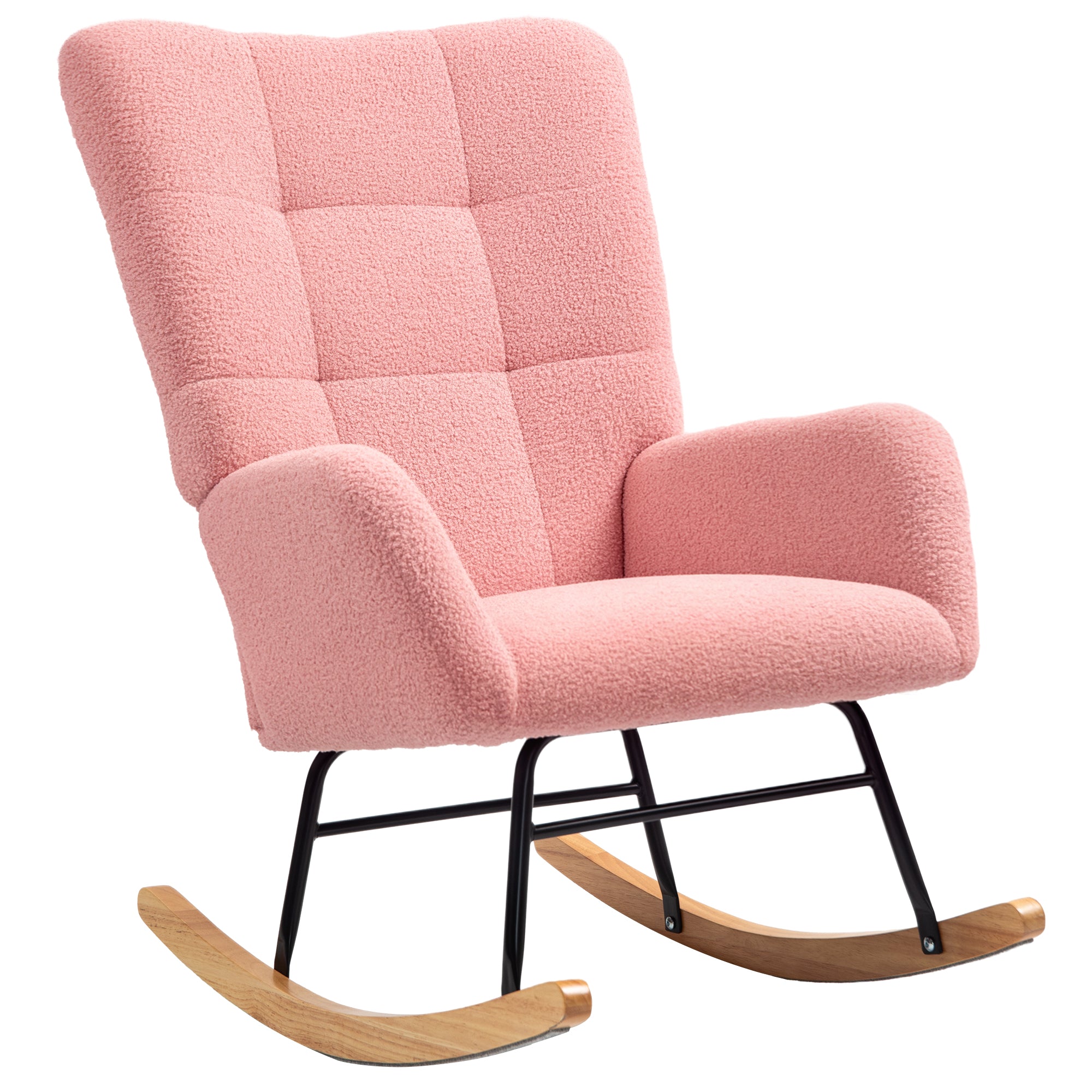 Rocking Chair, Rocking Armchair with Armrest, Teddy Velvet Look, Relaxing Chair with Wooden Rockers, Rocking Chair Nursing Chair for Bedroom, Living Room, Pink