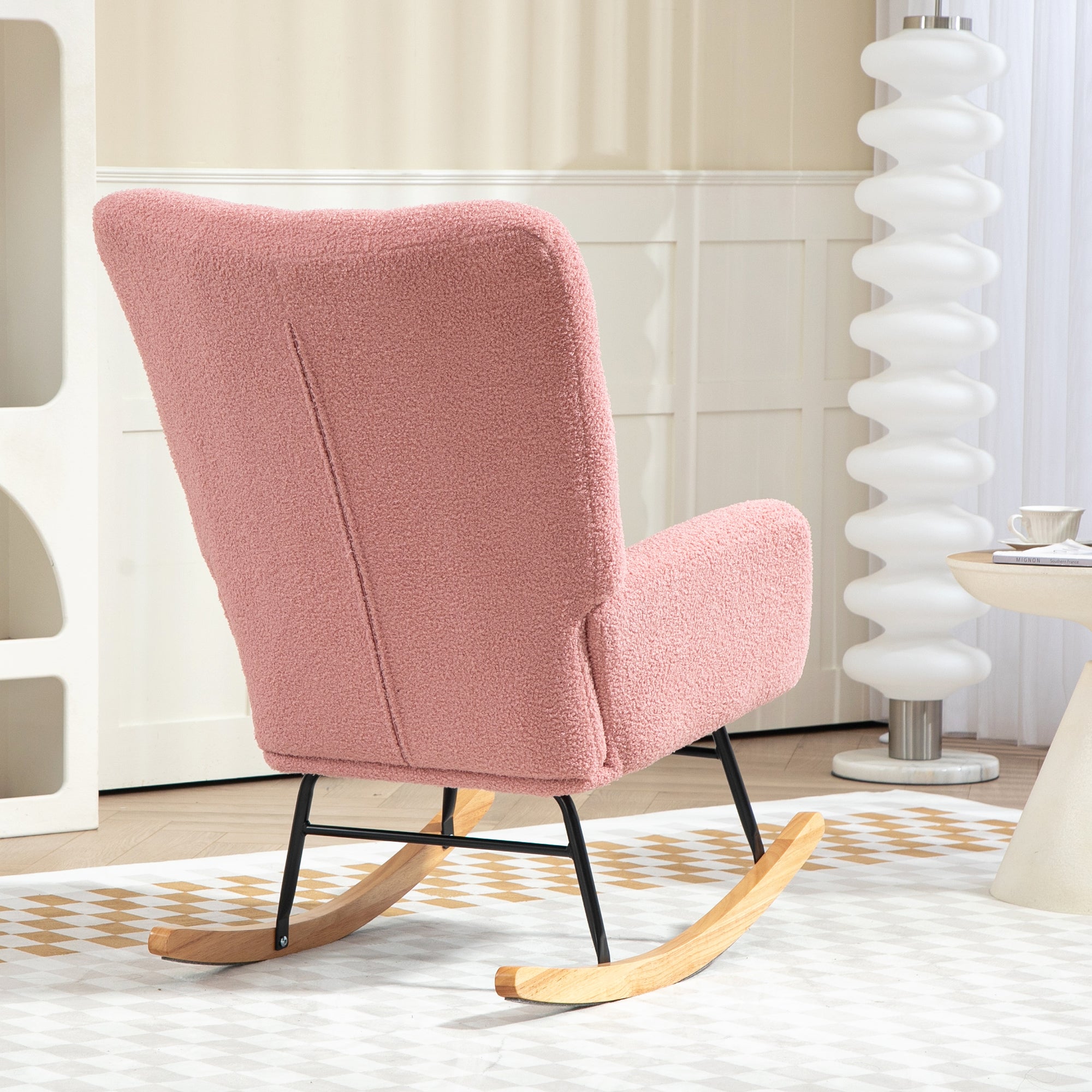 Rocking Chair, Rocking Armchair with Armrest, Teddy Velvet Look, Relaxing Chair with Wooden Rockers, Rocking Chair Nursing Chair for Bedroom, Living Room, Pink