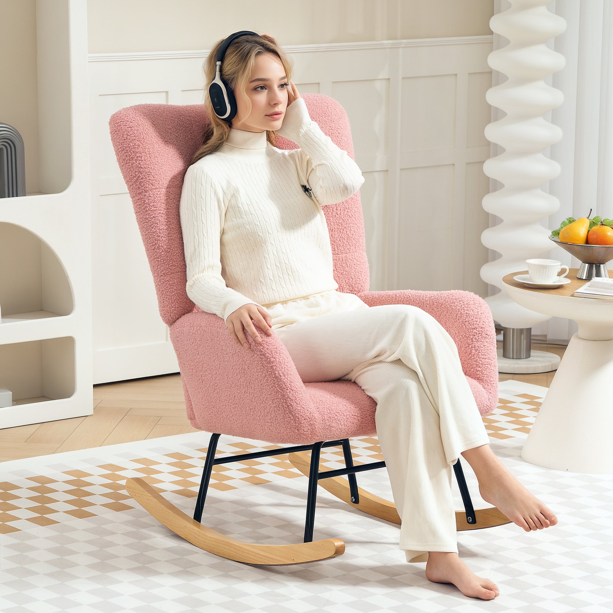 Rocking Chair, Rocking Armchair with Armrest, Teddy Velvet Look, Relaxing Chair with Wooden Rockers, Rocking Chair Nursing Chair for Bedroom, Living Room, Pink