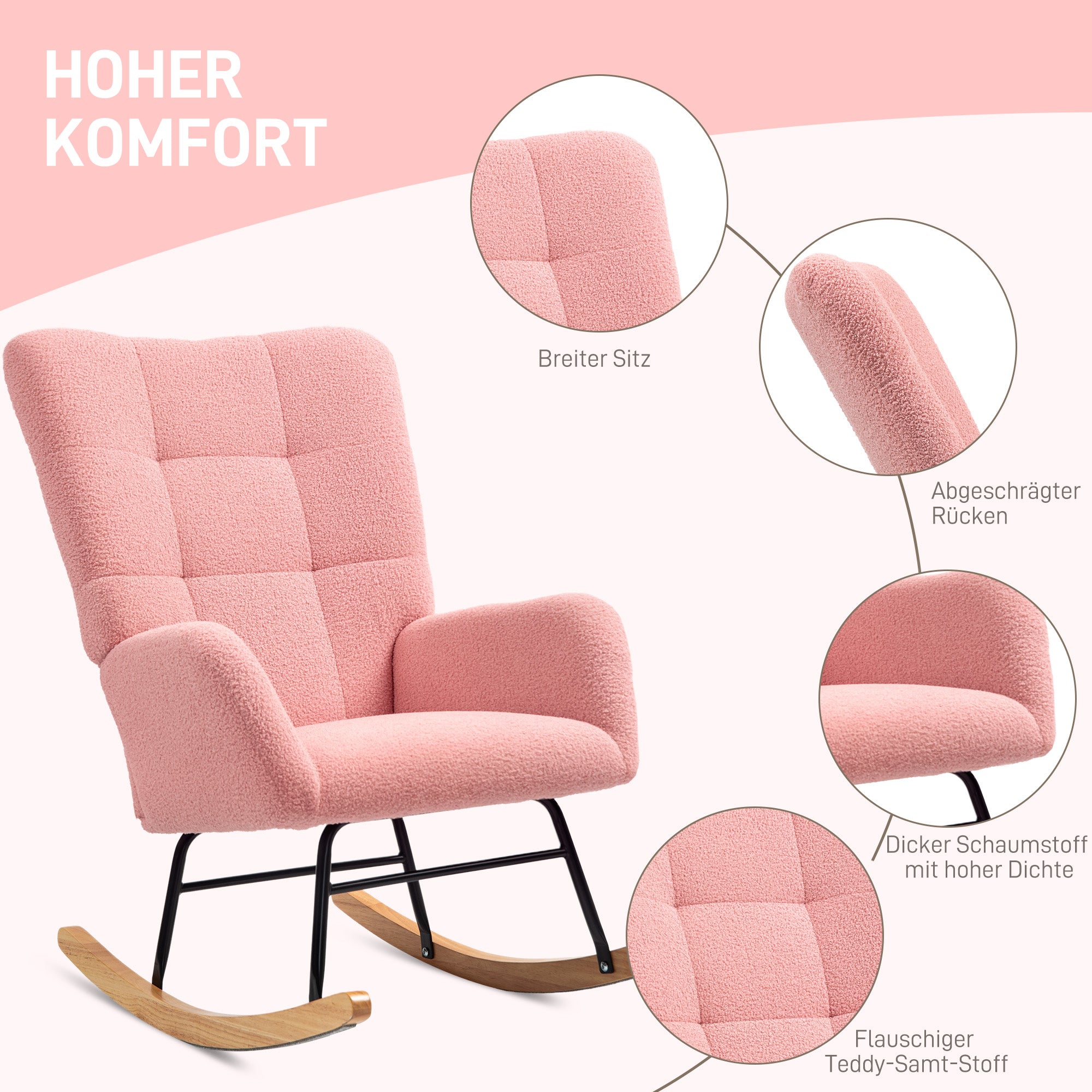 Rocking Chair, Rocking Armchair with Armrest, Teddy Velvet Look, Relaxing Chair with Wooden Rockers, Rocking Chair Nursing Chair for Bedroom, Living Room, Pink