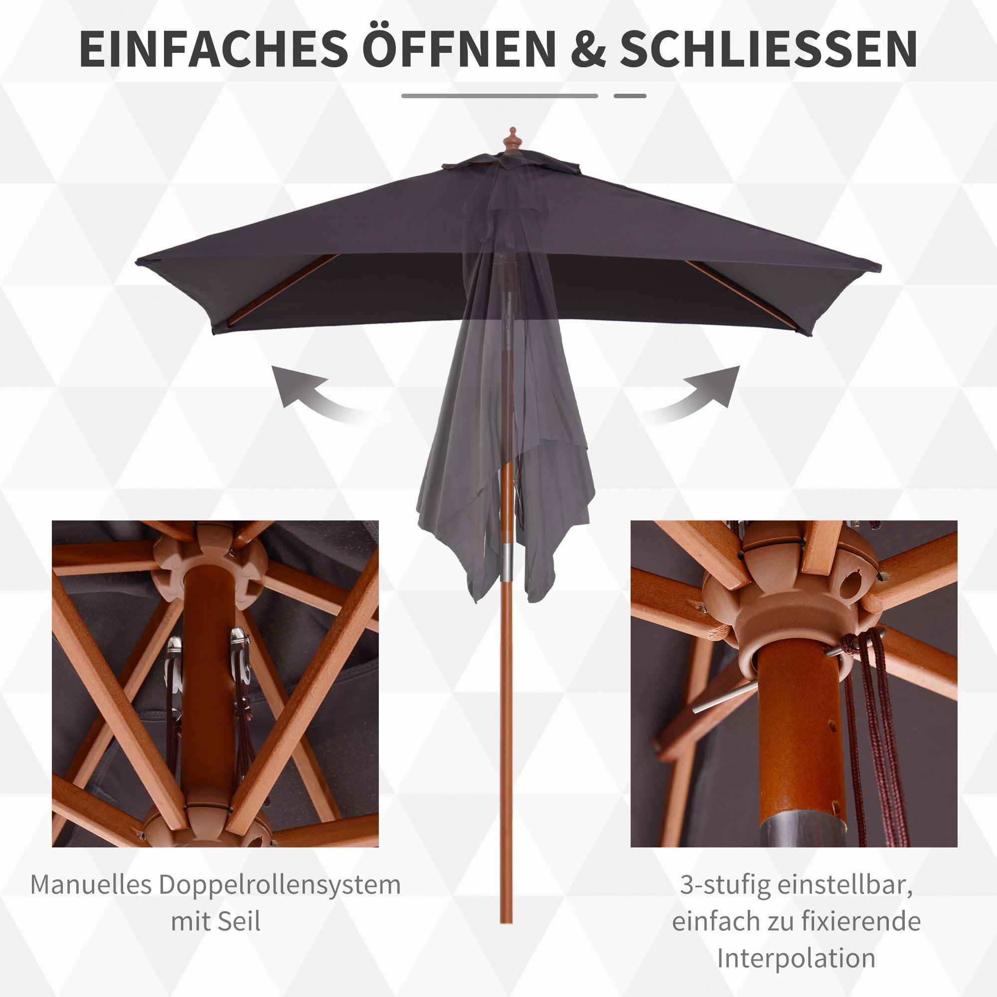 Umbrella 200 x 150 x 235 cm Tiltable Garden Umbrella 3-Level Adjustable Rectangular Beach Umbrella Water-Resistant and UV-Resistant for Beach Balcony Terrace Garden Dark Gray