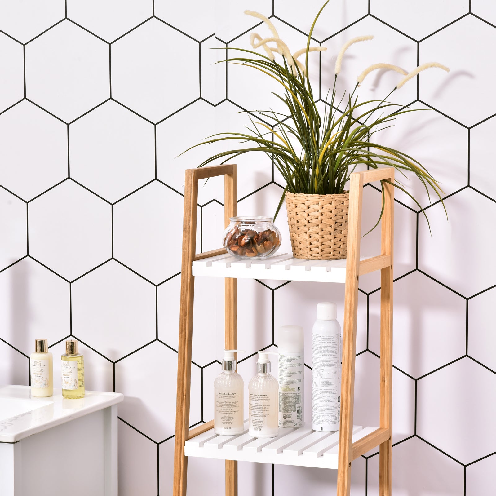 4-Level Bamboo Ladder Shelf Multifunctional Storage Furniture for Bathroom Living Room Kitchen 35x36x138.5 cm White and Natural