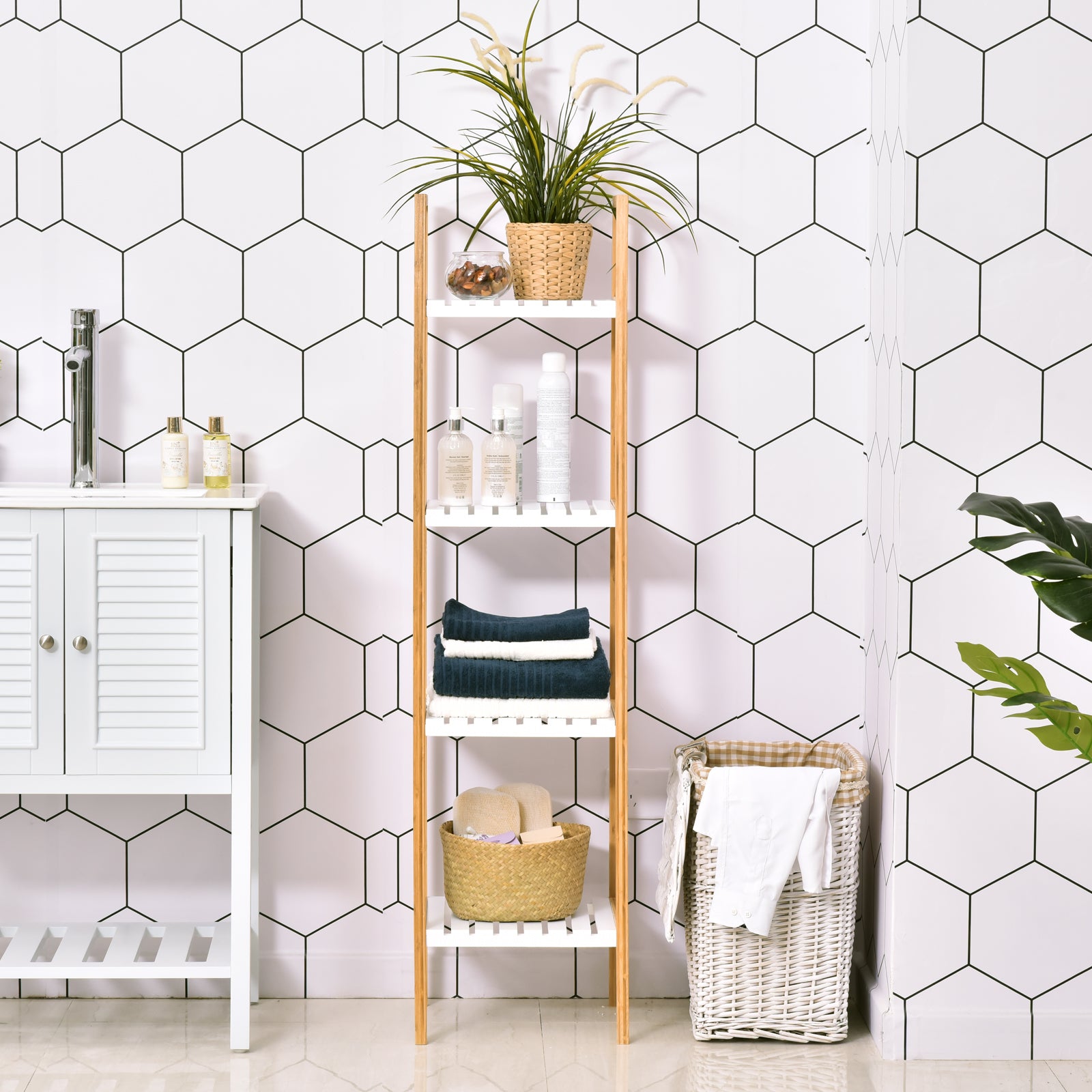 4-Level Bamboo Ladder Shelf Multifunctional Storage Furniture for Bathroom Living Room Kitchen 35x36x138.5 cm White and Natural