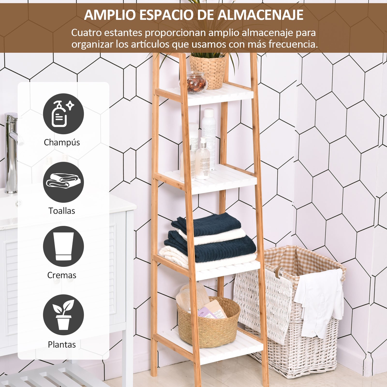 4-Level Bamboo Ladder Shelf Multifunctional Storage Furniture for Bathroom Living Room Kitchen 35x36x138.5 cm White and Natural