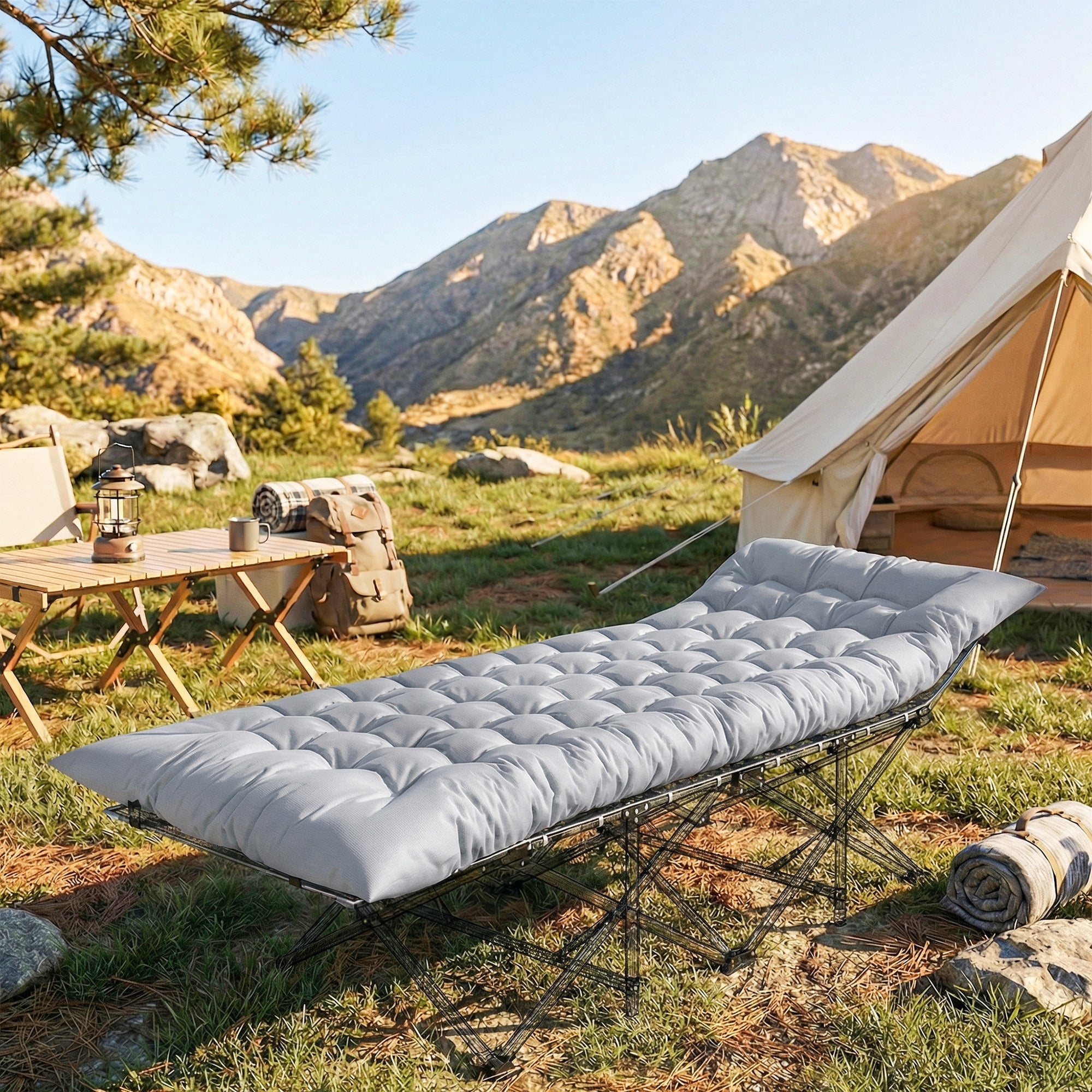 Camping Sleeping Mat — 3.1 in Thick Foldable Foam Mattress with Non-Slip Cover & Straps, 79 x 31.5 in, Light Gray