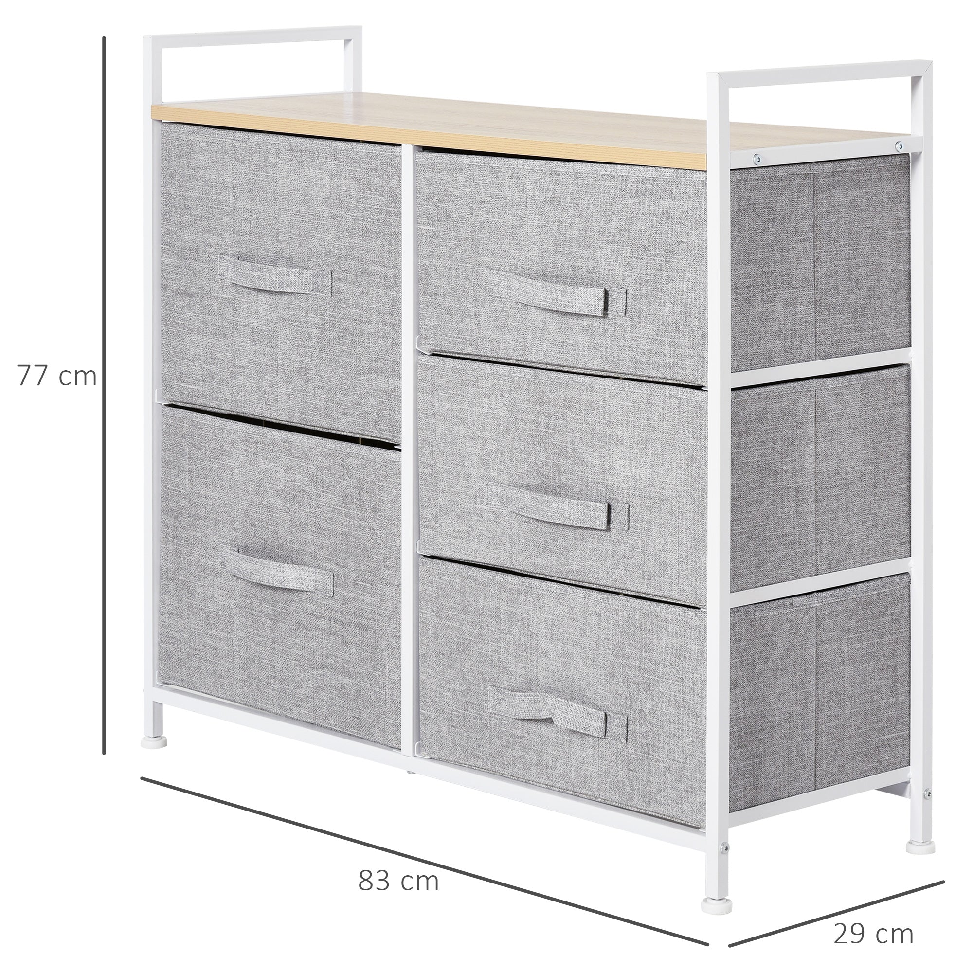White Metal and Wood Chest of Drawers with 5 Foldable and Removable Gray Fabric Drawers, 83L x 29W x 77H cm