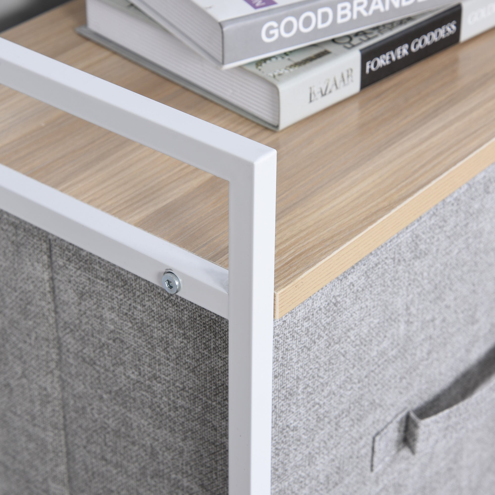 White Metal and Wood Chest of Drawers with 5 Foldable and Removable Gray Fabric Drawers, 83L x 29W x 77H cm