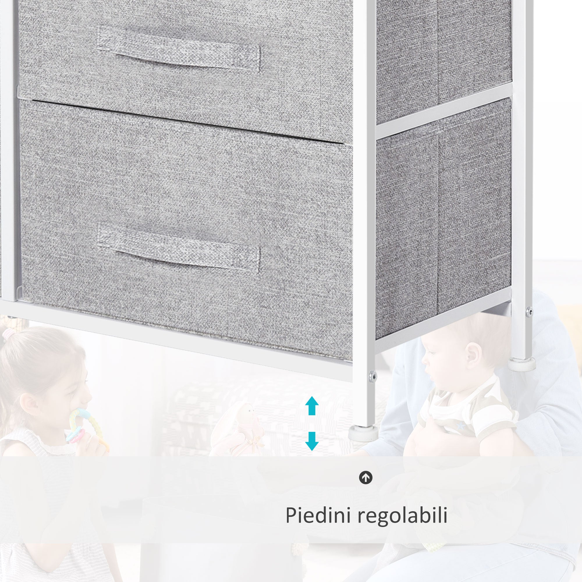 White Metal and Wood Chest of Drawers with 5 Foldable and Removable Gray Fabric Drawers, 83L x 29W x 77H cm
