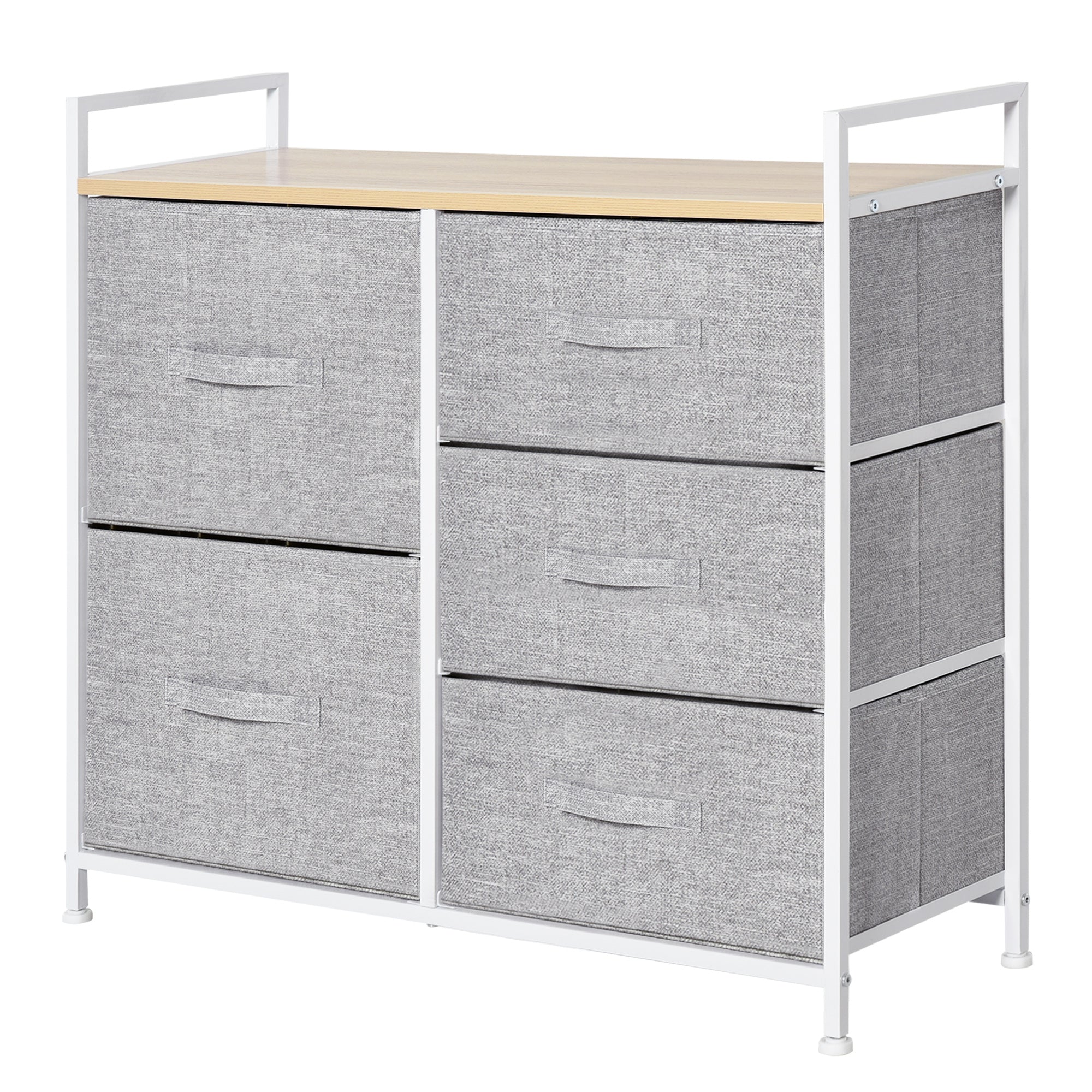 White Metal and Wood Chest of Drawers with 5 Foldable and Removable Gray Fabric Drawers, 83L x 29W x 77H cm