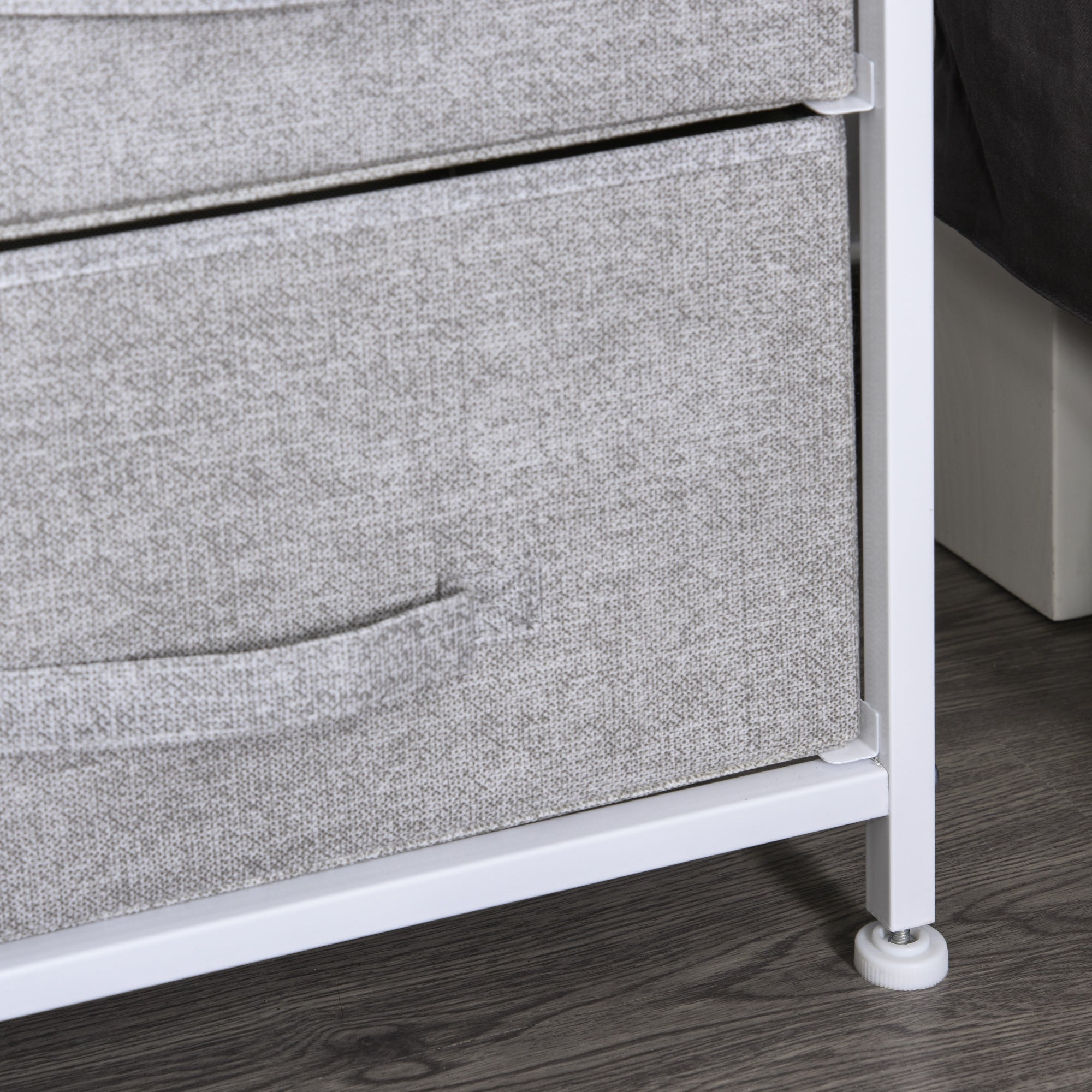 White Metal and Wood Chest of Drawers with 5 Foldable and Removable Gray Fabric Drawers, 83L x 29W x 77H cm