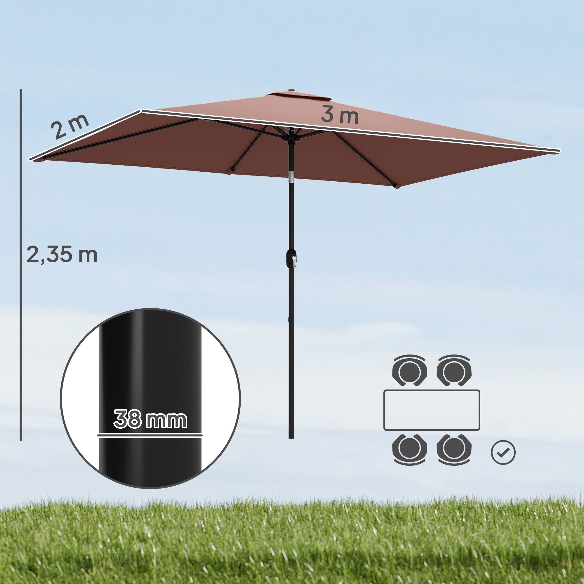 Tilt-Adjustable Rectangular Patio Umbrella 300 x 200 cm with Crank & Cover, UV Protection, Wind-Resistant — Brown