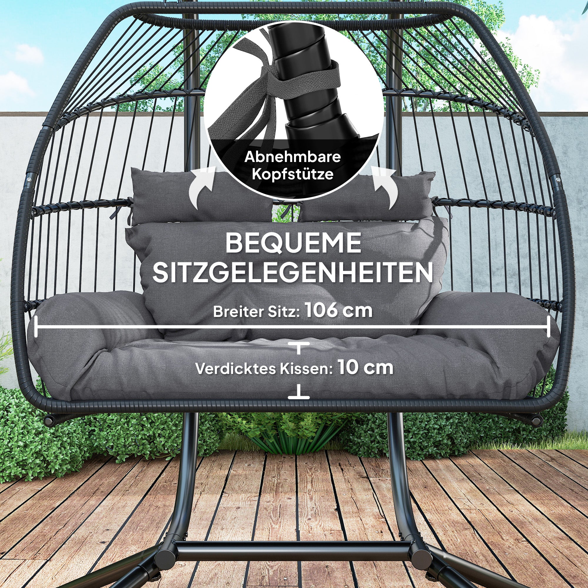 Hanging Chair with Foldable Stand, Hanging Basket with Cushion, Poly Rattan Ergonomic Swing Chair for 2 Persons, Outdoor Hanging Chair, Load Capacity up to 260kg, Chair for Balcony Terrace, Dark Gray