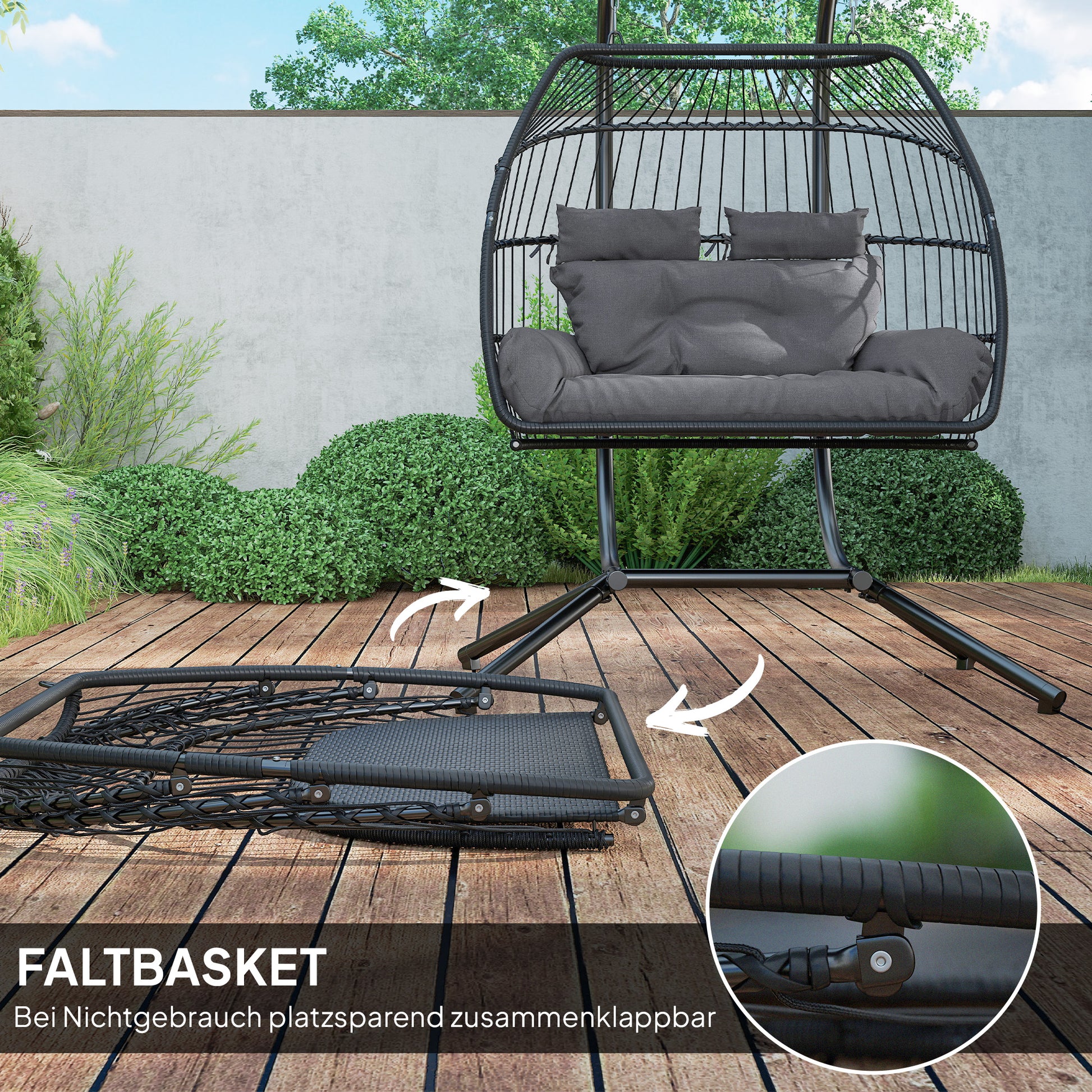 Hanging Chair with Foldable Stand, Hanging Basket with Cushion, Poly Rattan Ergonomic Swing Chair for 2 Persons, Outdoor Hanging Chair, Load Capacity up to 260kg, Chair for Balcony Terrace, Dark Gray