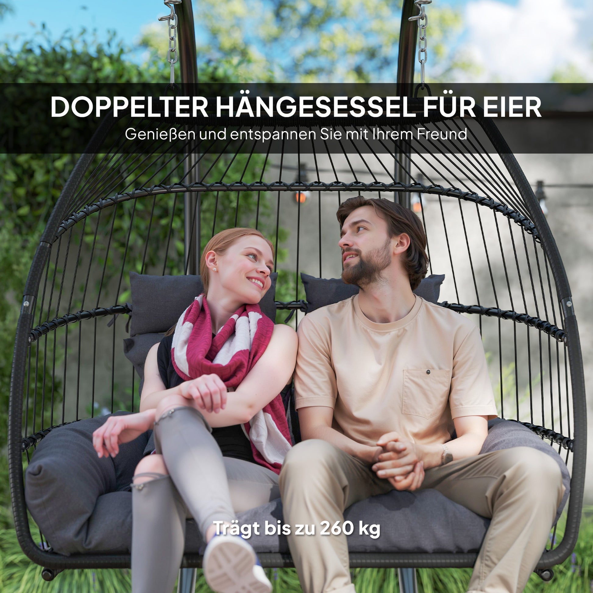Hanging Chair with Foldable Stand, Hanging Basket with Cushion, Poly Rattan Ergonomic Swing Chair for 2 Persons, Outdoor Hanging Chair, Load Capacity up to 260kg, Chair for Balcony Terrace, Dark Gray