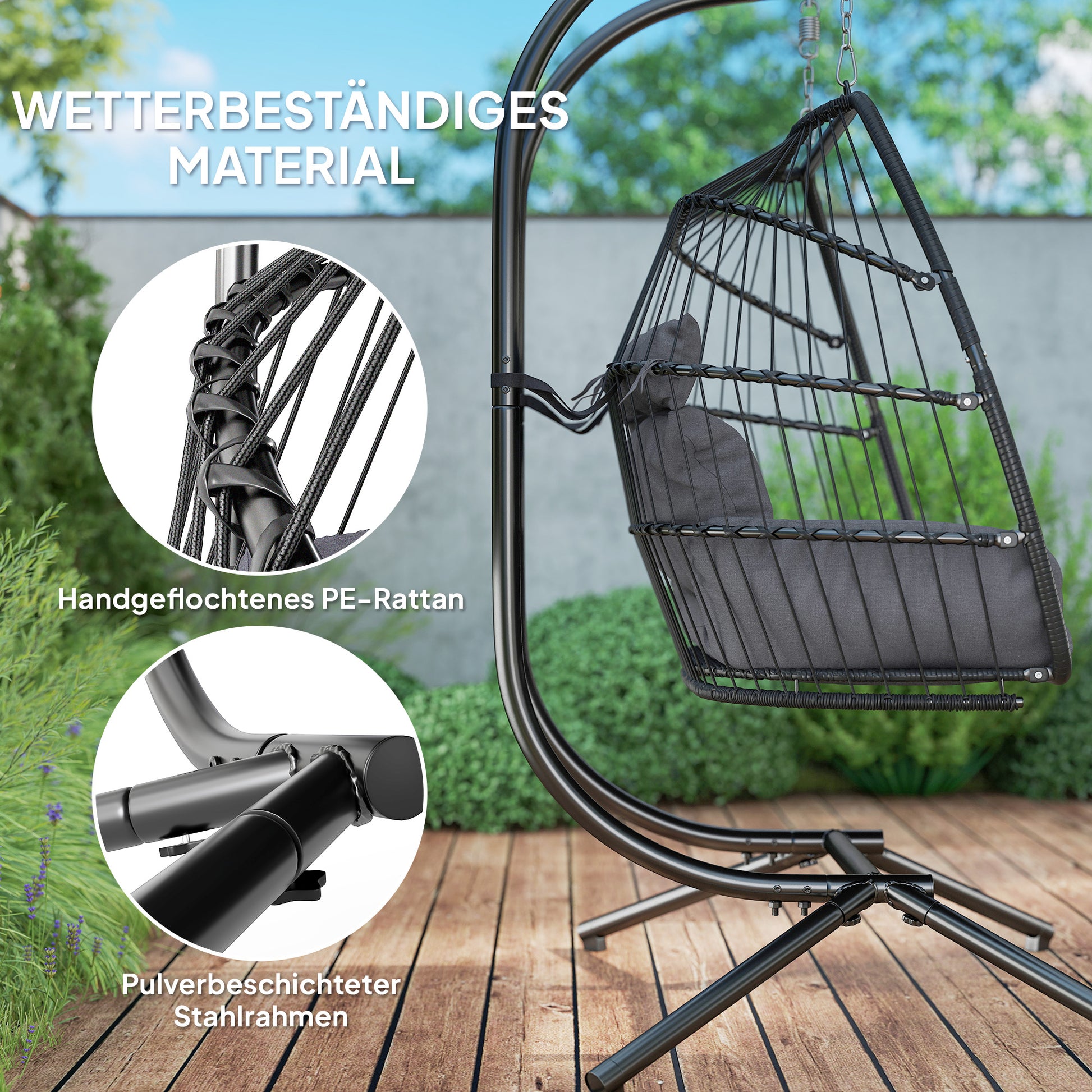 Hanging Chair with Foldable Stand, Hanging Basket with Cushion, Poly Rattan Ergonomic Swing Chair for 2 Persons, Outdoor Hanging Chair, Load Capacity up to 260kg, Chair for Balcony Terrace, Dark Gray