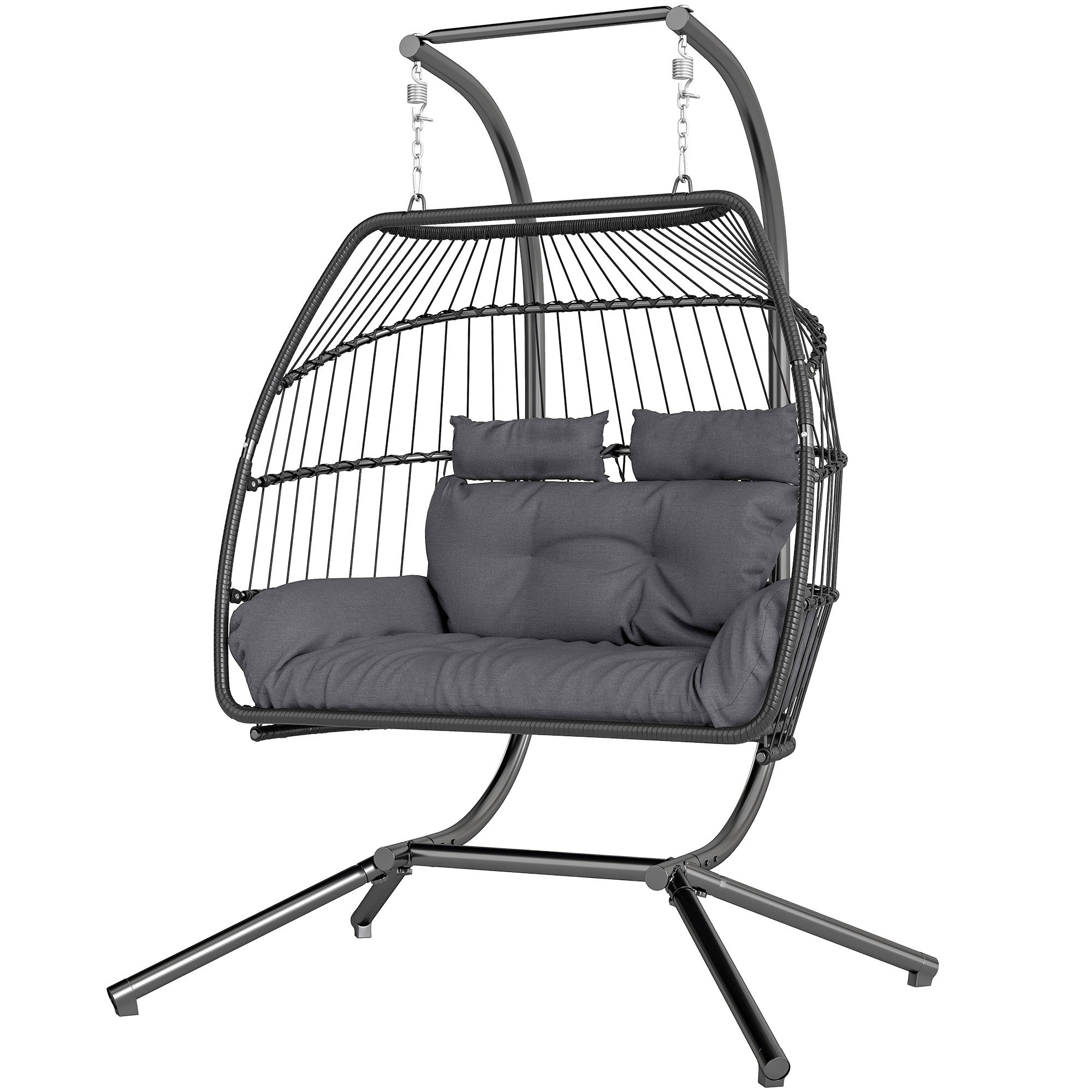 Hanging Chair with Foldable Stand, Hanging Basket with Cushion, Poly Rattan Ergonomic Swing Chair for 2 Persons, Outdoor Hanging Chair, Load Capacity up to 260kg, Chair for Balcony Terrace, Dark Gray