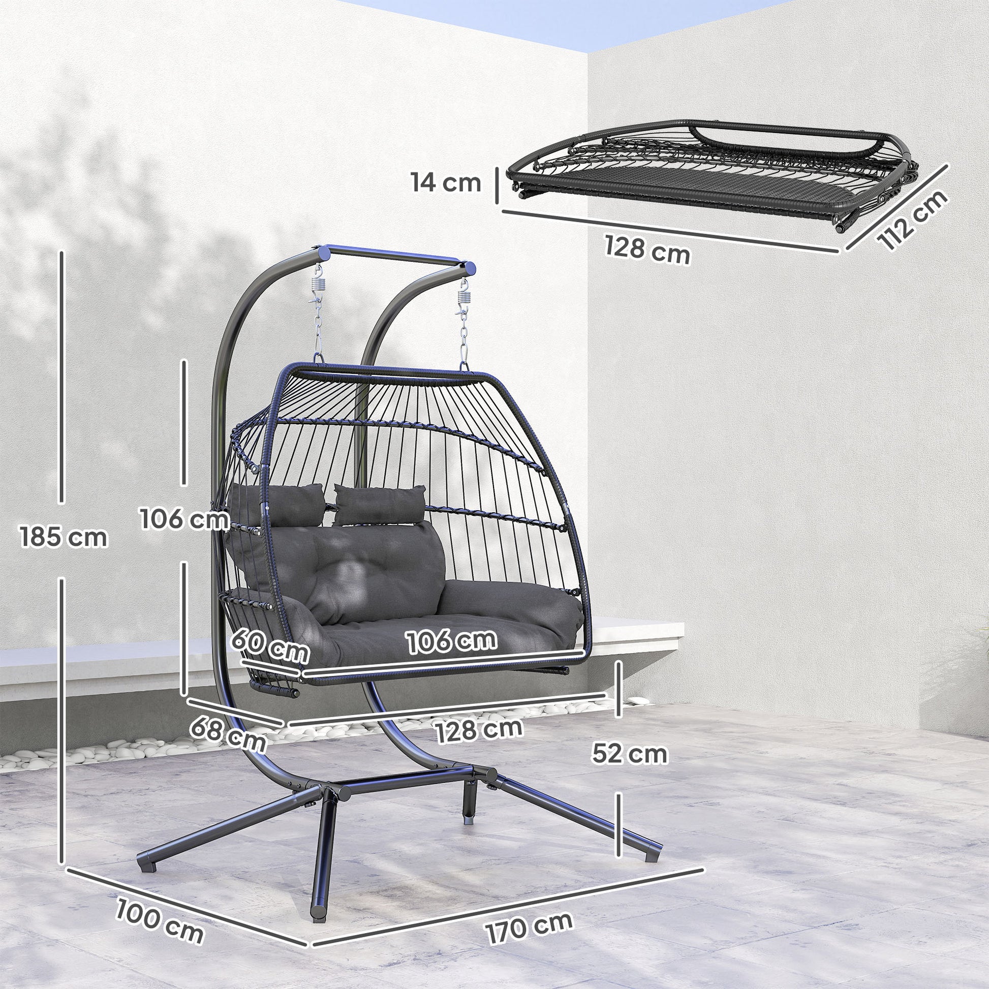 Hanging Chair with Foldable Stand, Hanging Basket with Cushion, Poly Rattan Ergonomic Swing Chair for 2 Persons, Outdoor Hanging Chair, Load Capacity up to 260kg, Chair for Balcony Terrace, Dark Gray