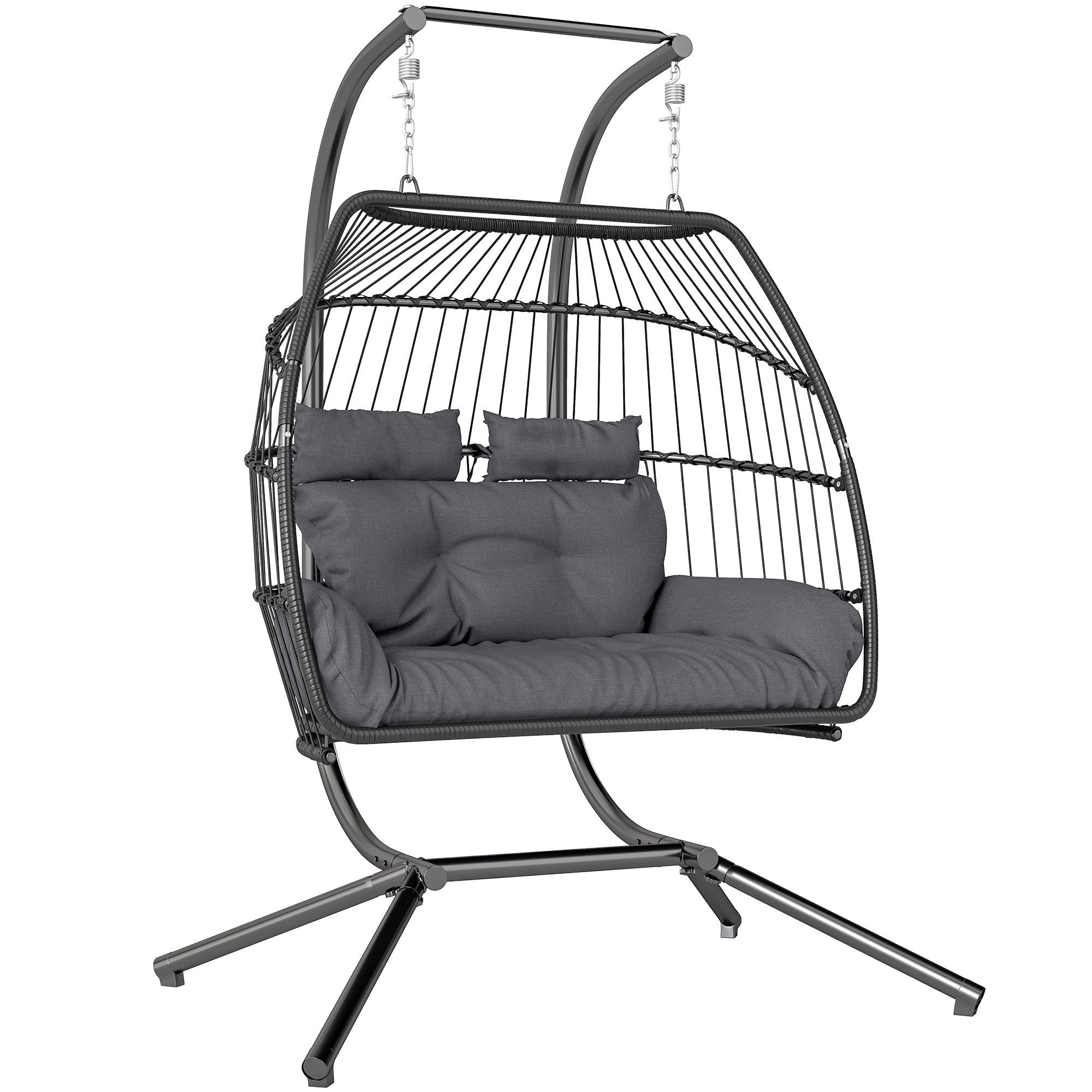 Hanging Chair with Foldable Stand, Hanging Basket with Cushion, Poly Rattan Ergonomic Swing Chair for 2 Persons, Outdoor Hanging Chair, Load Capacity up to 260kg, Chair for Balcony Terrace, Dark Gray