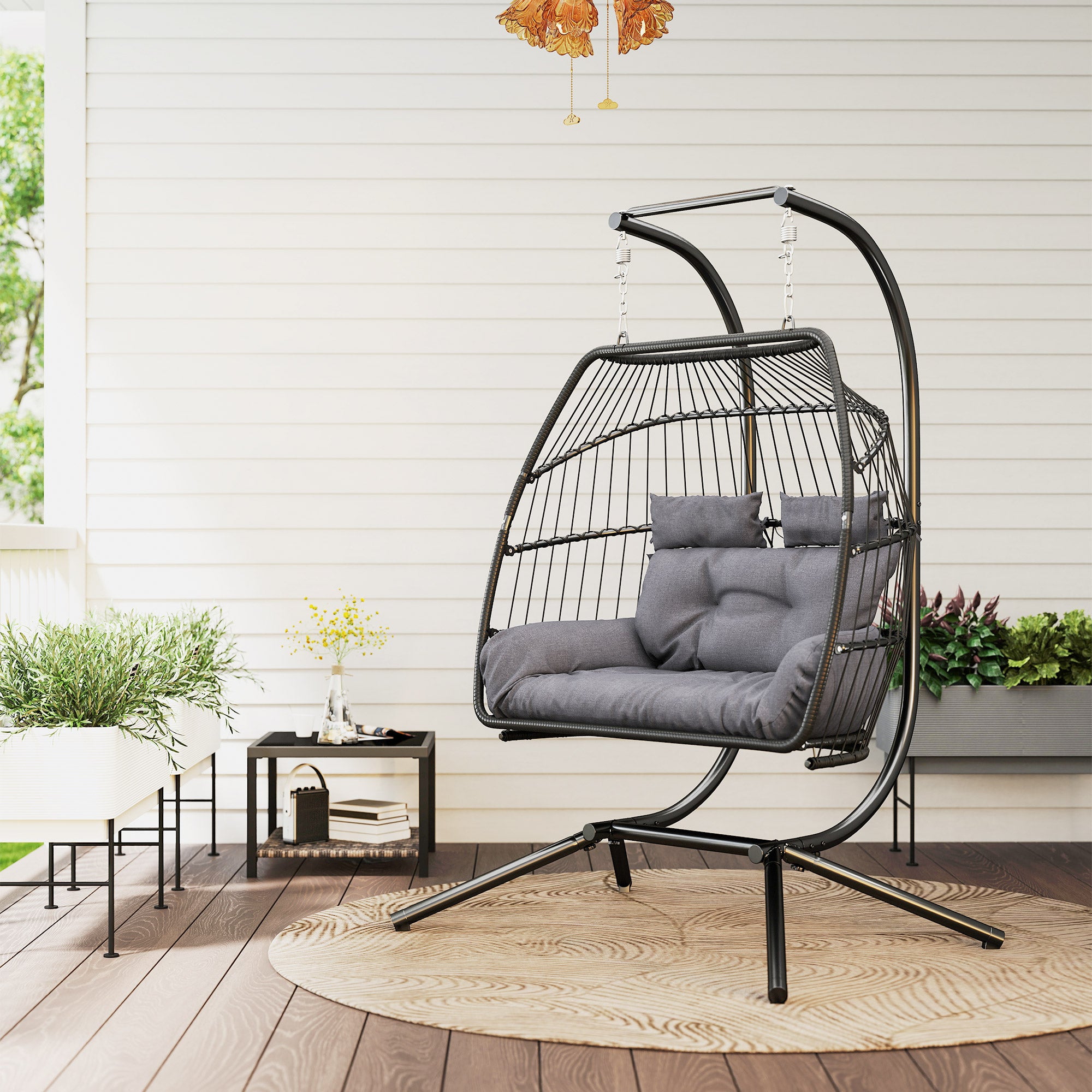 Hanging Chair with Foldable Stand, Hanging Basket with Cushion, Poly Rattan Ergonomic Swing Chair for 2 Persons, Outdoor Hanging Chair, Load Capacity up to 260kg, Chair for Balcony Terrace, Dark Gray