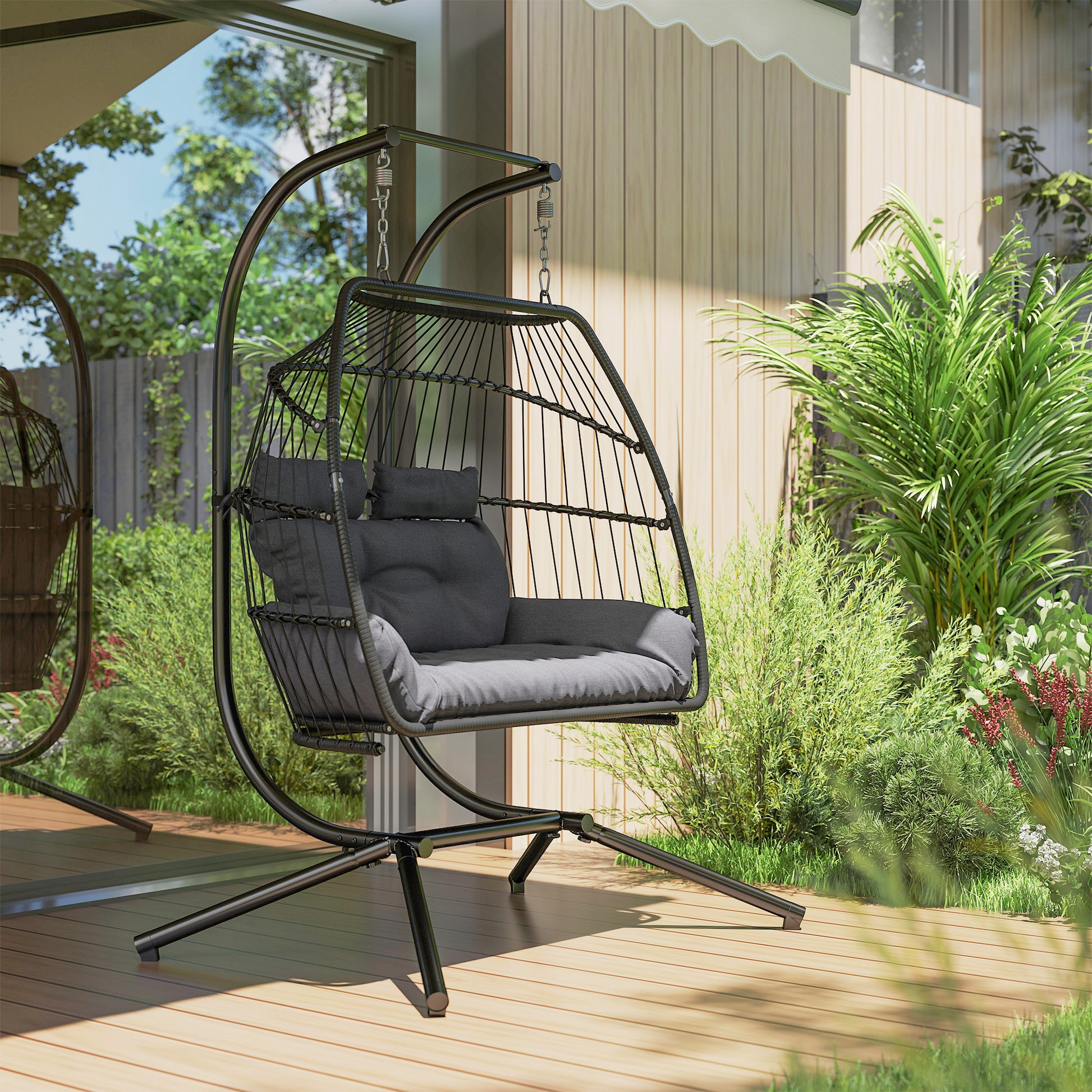 Hanging Chair with Foldable Stand, Hanging Basket with Cushion, Poly Rattan Ergonomic Swing Chair for 2 Persons, Outdoor Hanging Chair, Load Capacity up to 260kg, Chair for Balcony Terrace, Dark Gray
