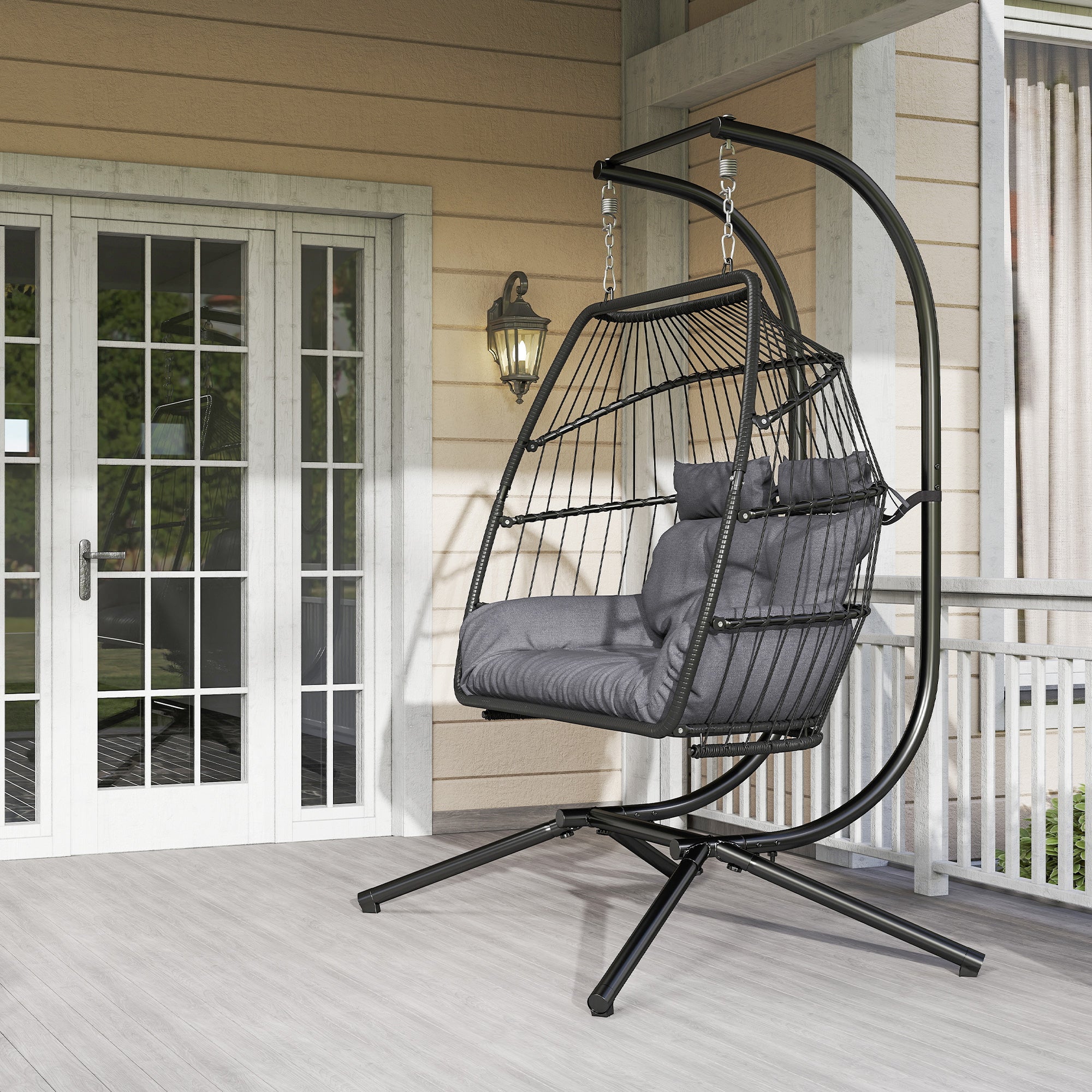 Hanging Chair with Foldable Stand, Hanging Basket with Cushion, Poly Rattan Ergonomic Swing Chair for 2 Persons, Outdoor Hanging Chair, Load Capacity up to 260kg, Chair for Balcony Terrace, Dark Gray