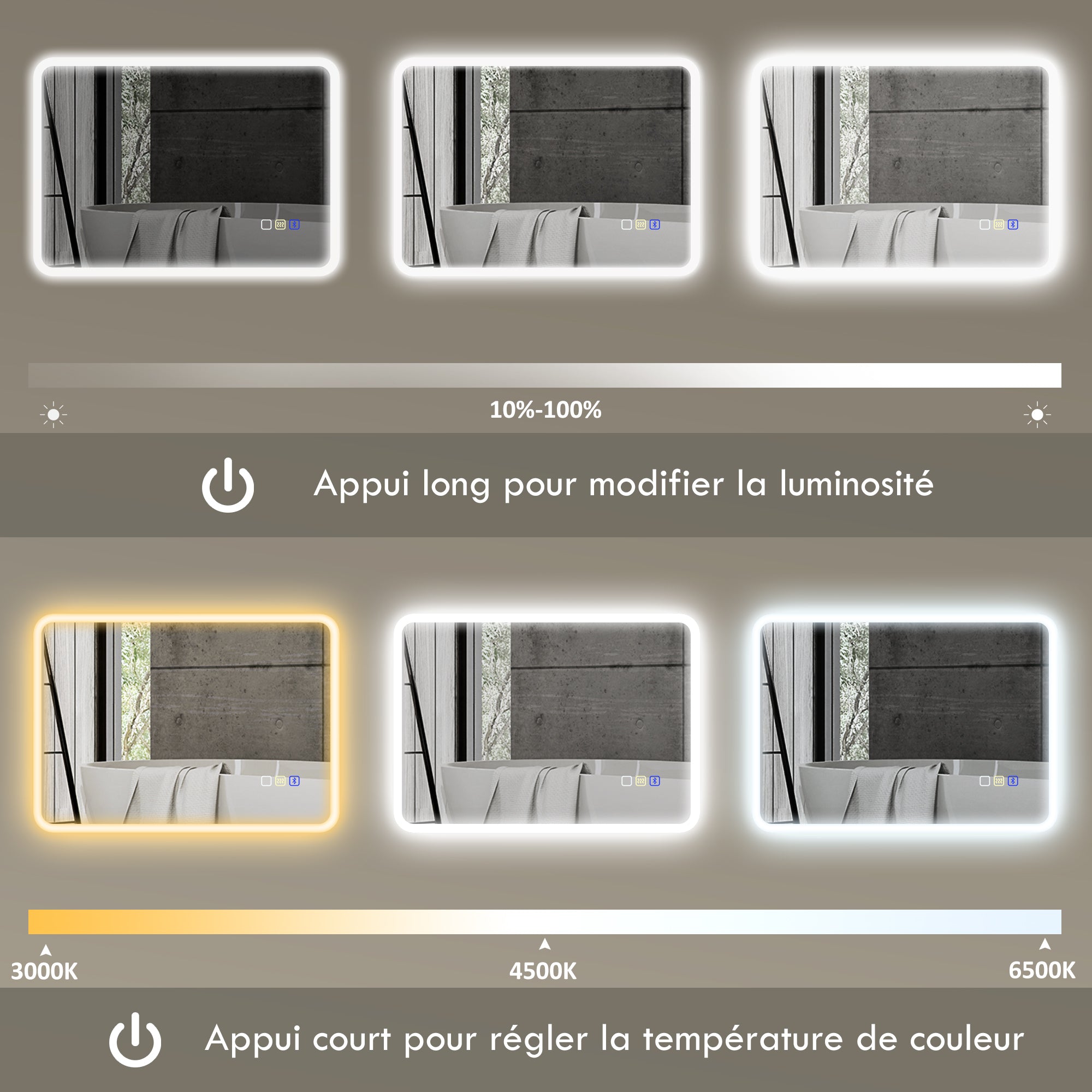 Bluetooth Bathroom Mirror 50 x 70 cm, LED Illuminated Wall Bathroom Mirror with Touch Switch, Adjustable 3 Color Light, Anti-Fog, Memory - Silver