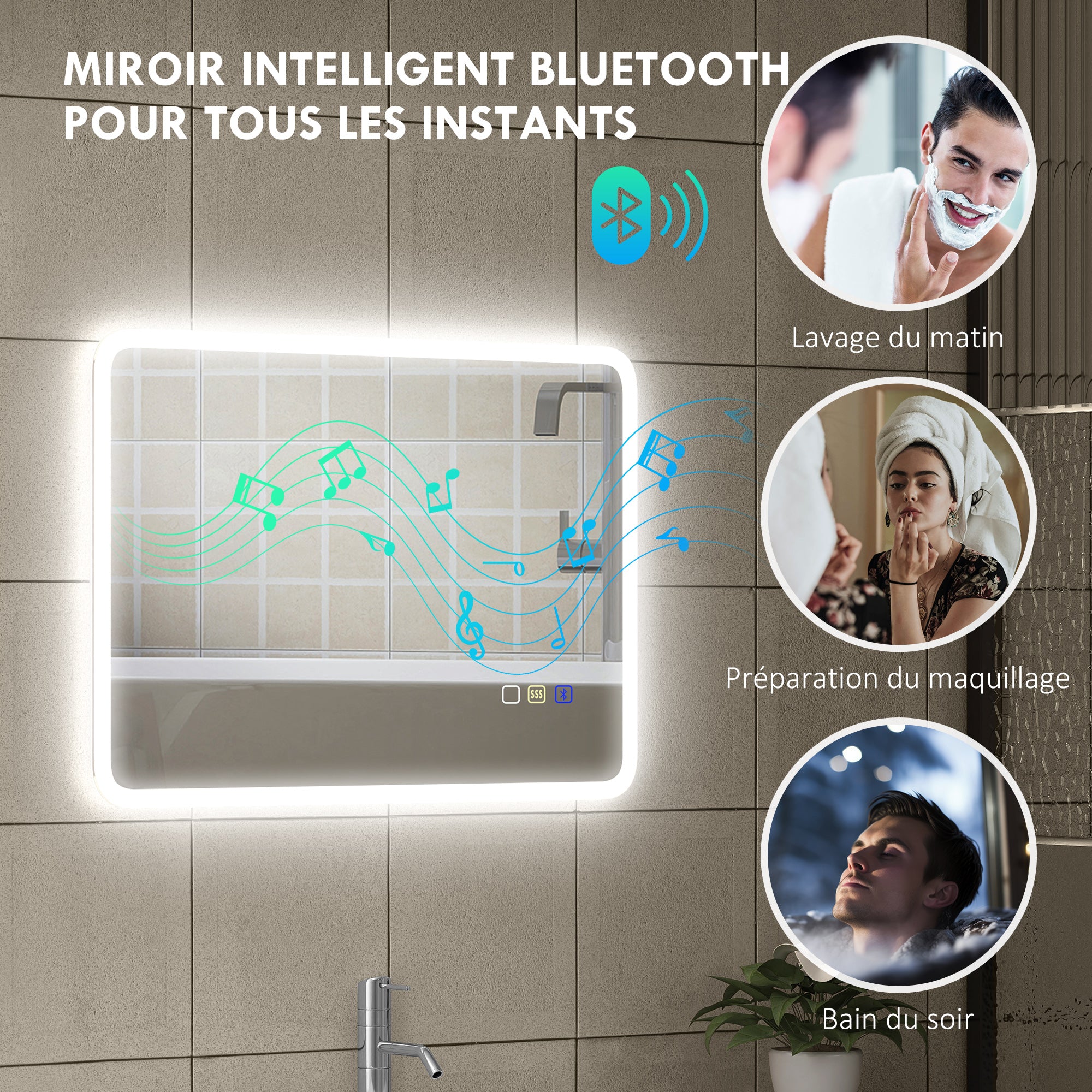 Bluetooth Bathroom Mirror 50 x 70 cm, LED Illuminated Wall Bathroom Mirror with Touch Switch, Adjustable 3 Color Light, Anti-Fog, Memory - Silver