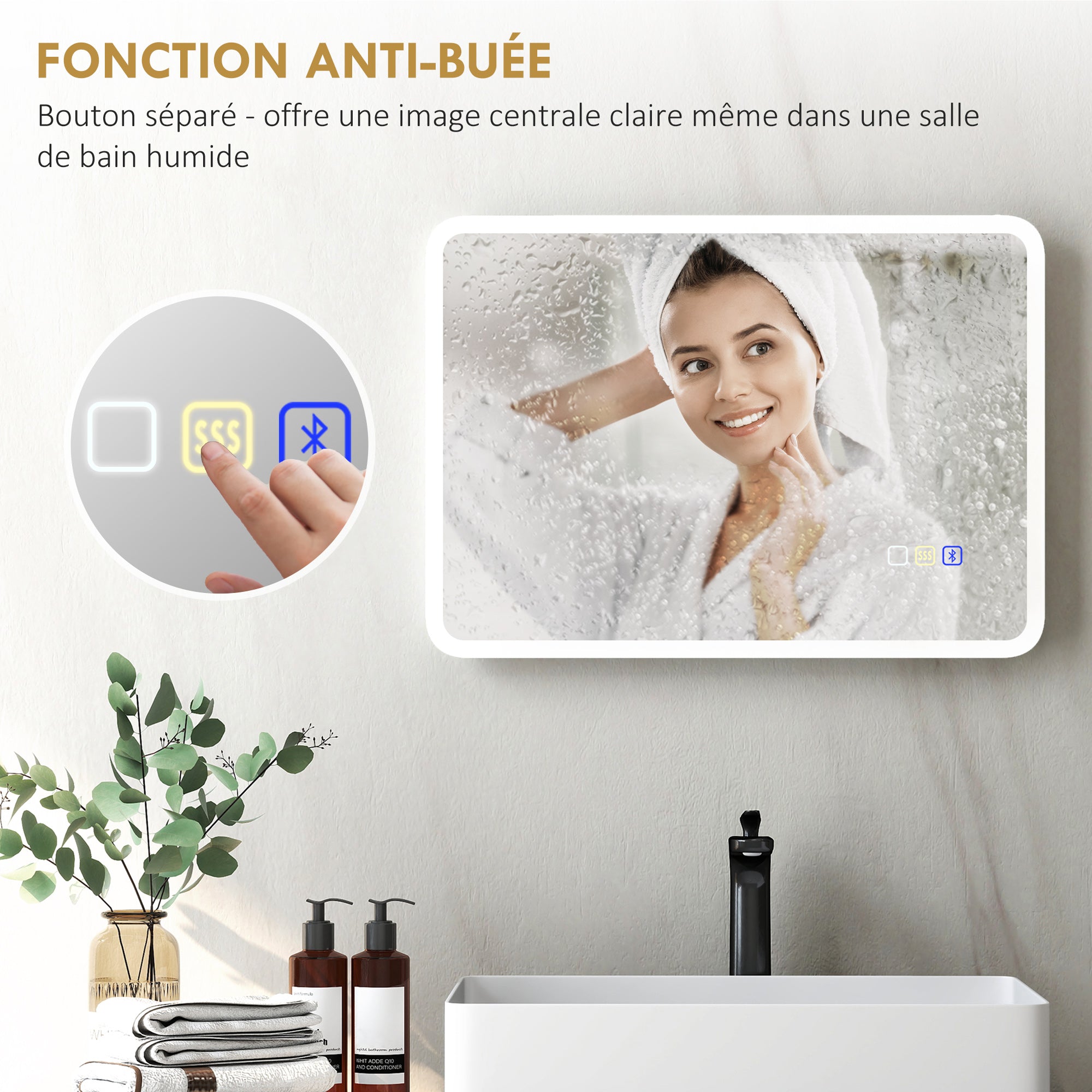 Bluetooth Bathroom Mirror 50 x 70 cm, LED Illuminated Wall Bathroom Mirror with Touch Switch, Adjustable 3 Color Light, Anti-Fog, Memory - Silver