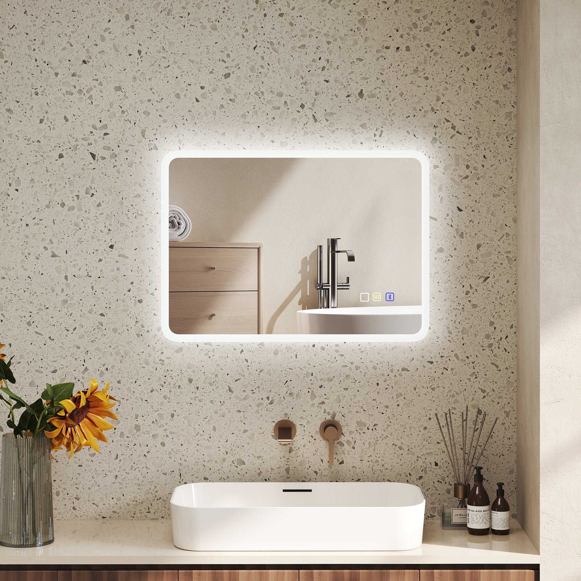 Bluetooth Bathroom Mirror 50 x 70 cm, LED Illuminated Wall Bathroom Mirror with Touch Switch, Adjustable 3 Color Light, Anti-Fog, Memory - Silver