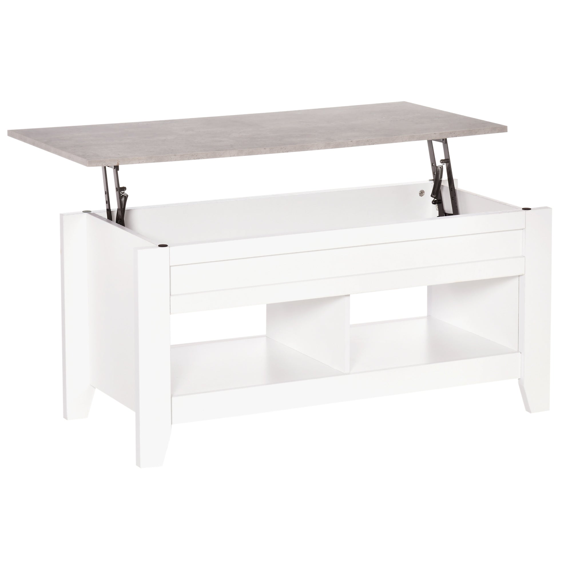 Lift-Top Coffee Table with Lift-Up Countertop, 2 Open Compartments, and Hidden Storage Space 105x50x49 cm White and Marble Effect