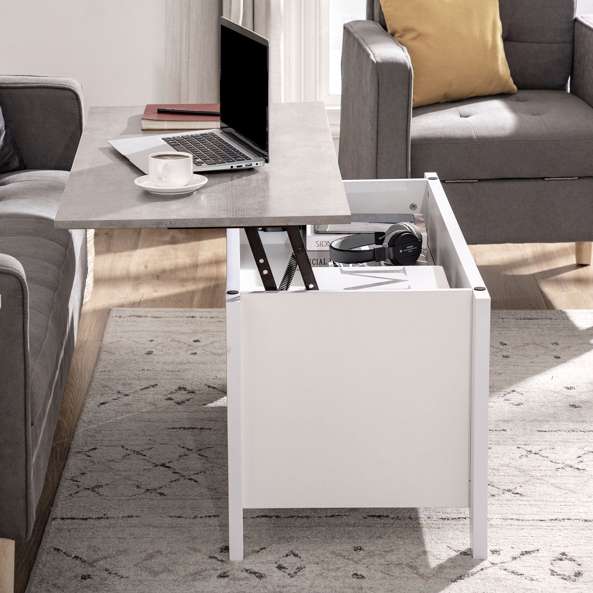 Lift-Top Coffee Table with Lift-Up Countertop, 2 Open Compartments, and Hidden Storage Space 105x50x49 cm White and Marble Effect
