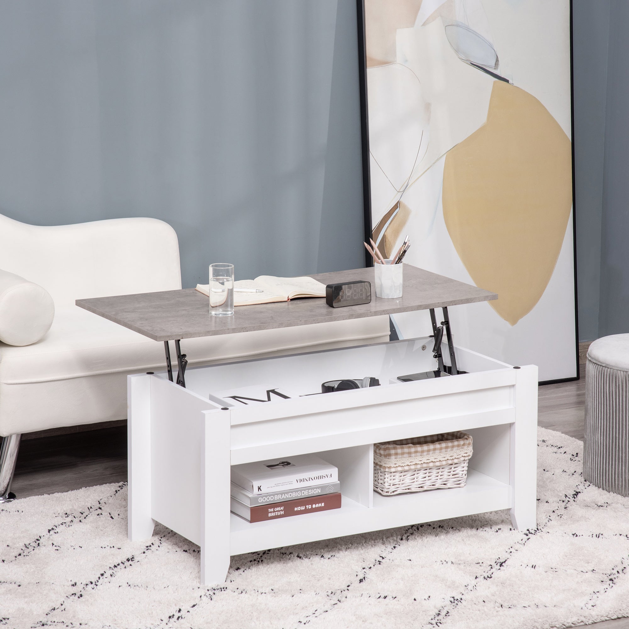 Lift-Top Coffee Table with Lift-Up Countertop, 2 Open Compartments, and Hidden Storage Space 105x50x49 cm White and Marble Effect