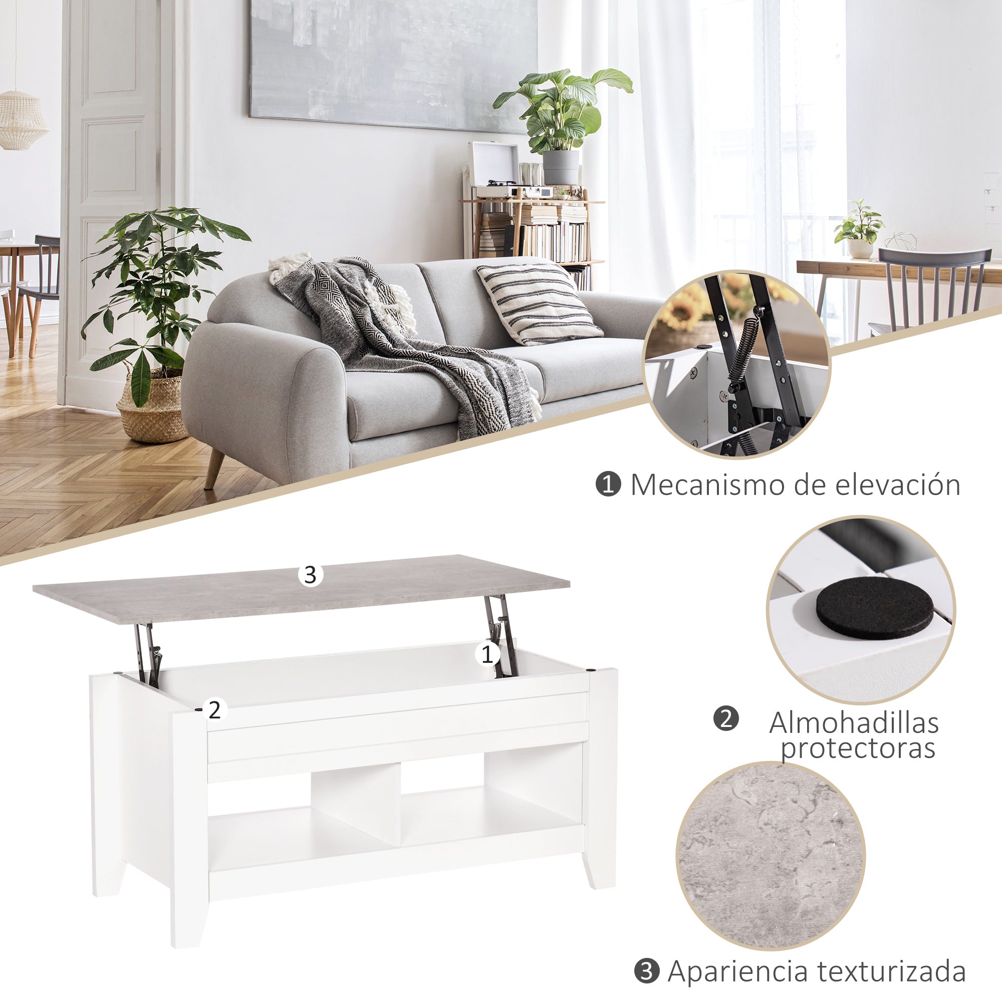 Lift-Top Coffee Table with Lift-Up Countertop, 2 Open Compartments, and Hidden Storage Space 105x50x49 cm White and Marble Effect