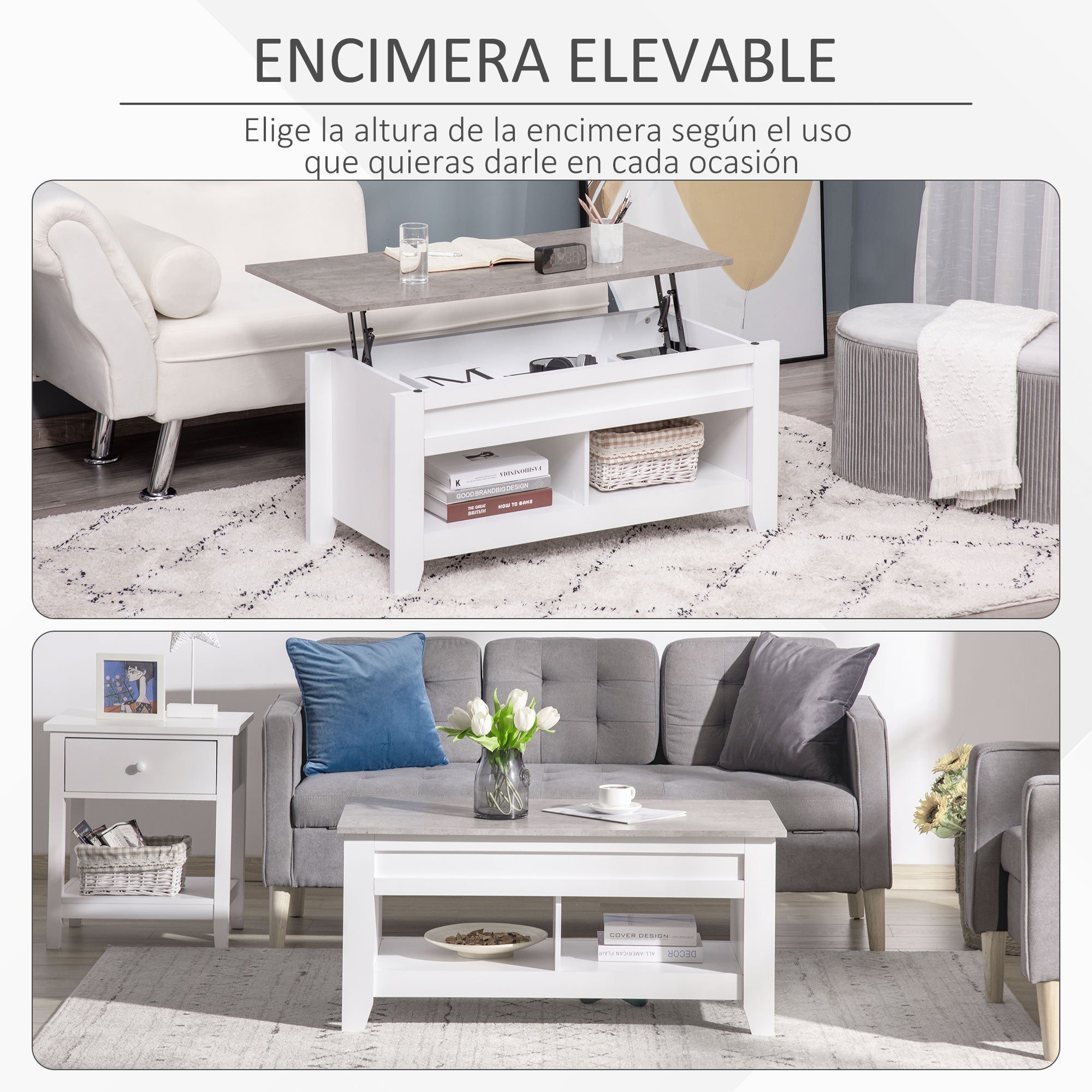 Lift-Top Coffee Table with Lift-Up Countertop, 2 Open Compartments, and Hidden Storage Space 105x50x49 cm White and Marble Effect