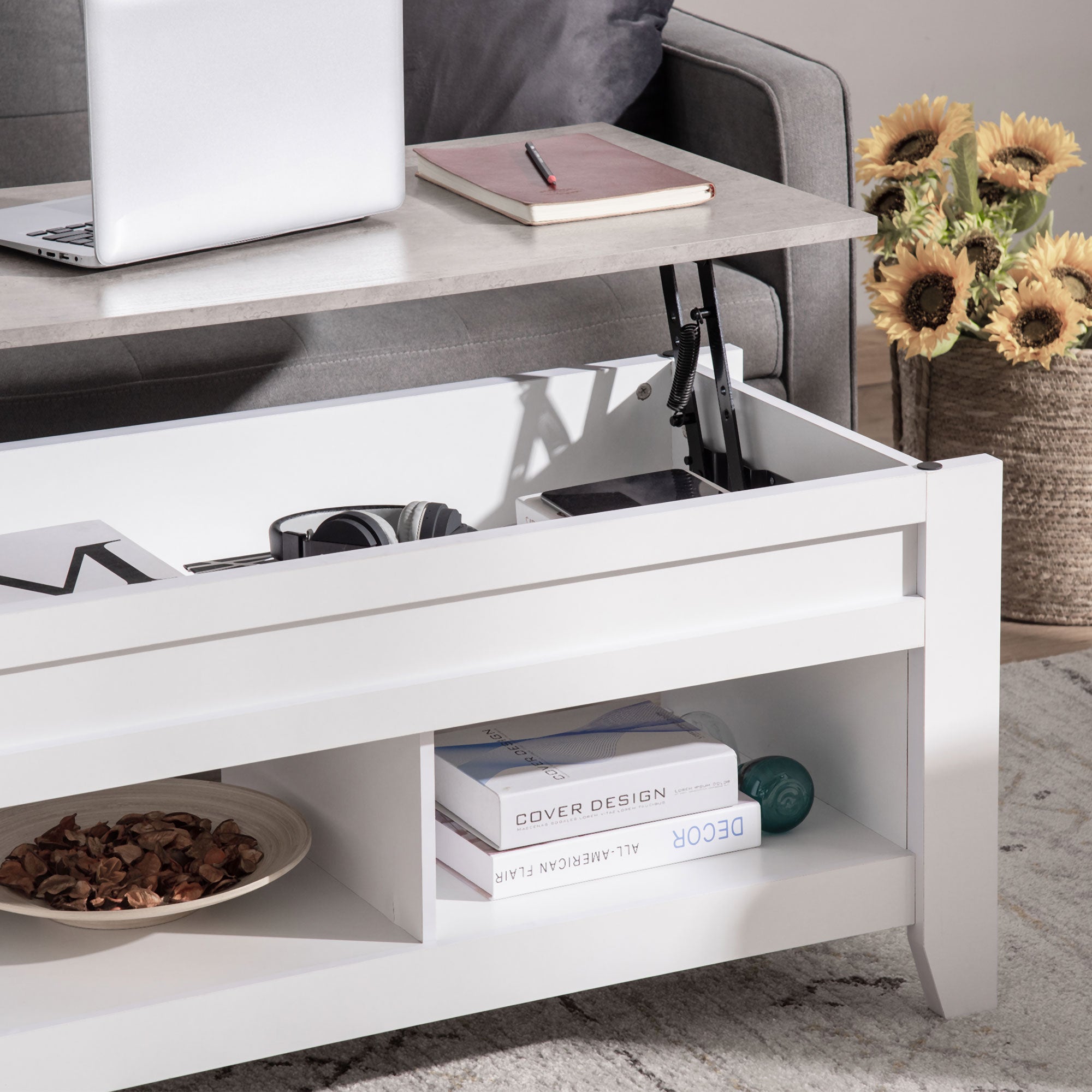 Lift-Top Coffee Table with Lift-Up Countertop, 2 Open Compartments, and Hidden Storage Space 105x50x49 cm White and Marble Effect