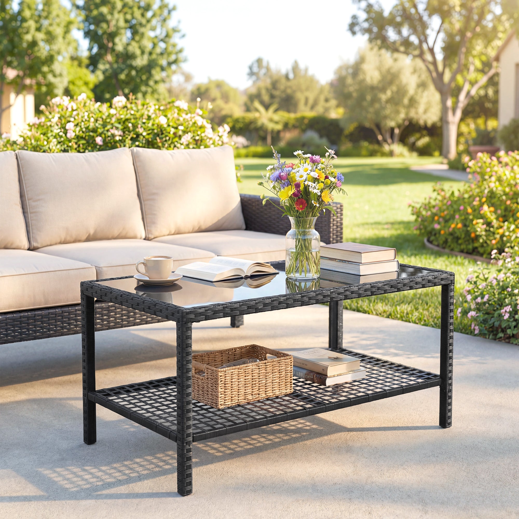 Rattan Garden Side Table with Shelf, Tempered Glass Top & Steel Frame — 92 x 50 x 45 cm (36.2 x 19.7 x 17.7 in), Black