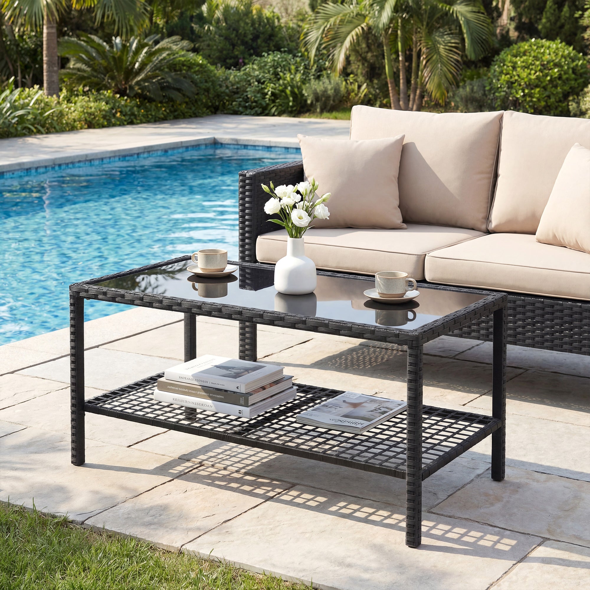 Rattan Garden Side Table with Shelf, Tempered Glass Top & Steel Frame — 92 x 50 x 45 cm (36.2 x 19.7 x 17.7 in), Black