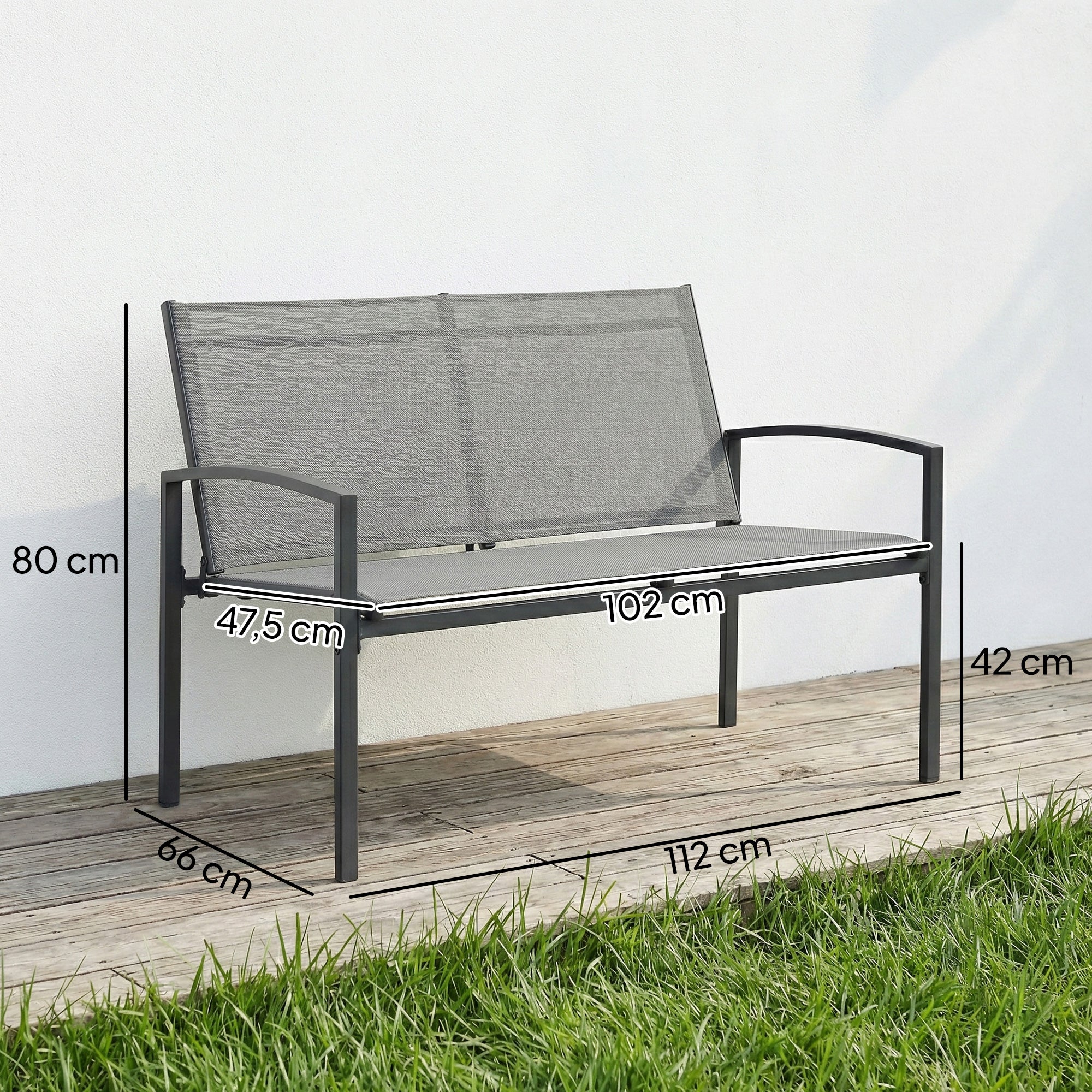 2-Seater Weather-Resistant Metal Outdoor Bench with Breathable Mesh Seat and Curved Armrests — Ergonomic, Up to 485 lb (112 x 66 x 80 cm), Gray