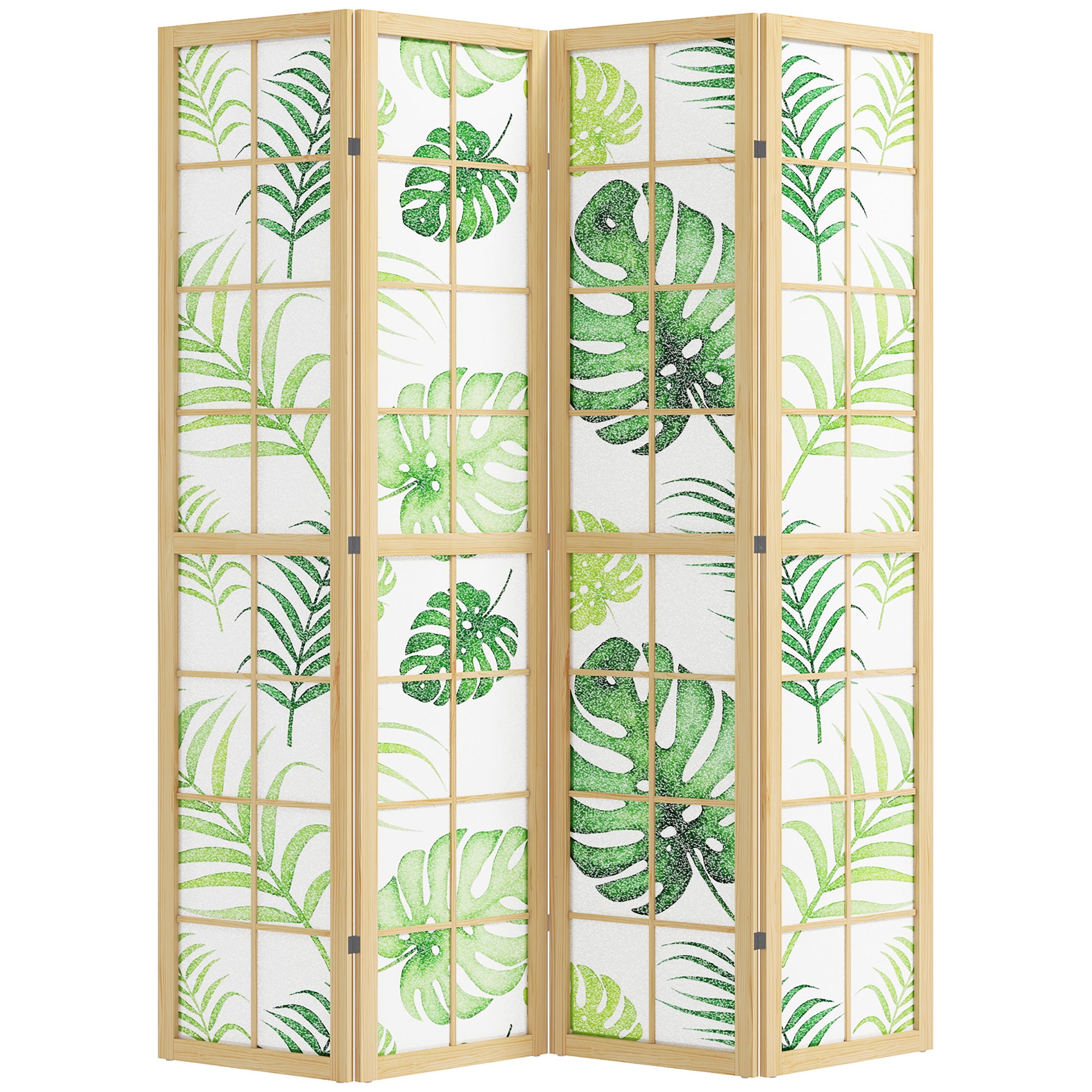 4-Panel Folding Room Divider, 63 x 67 in — Pine Frame Privacy Screen with Palm Leaf Print, Free-Standing Partition (Natural Wood & Green)