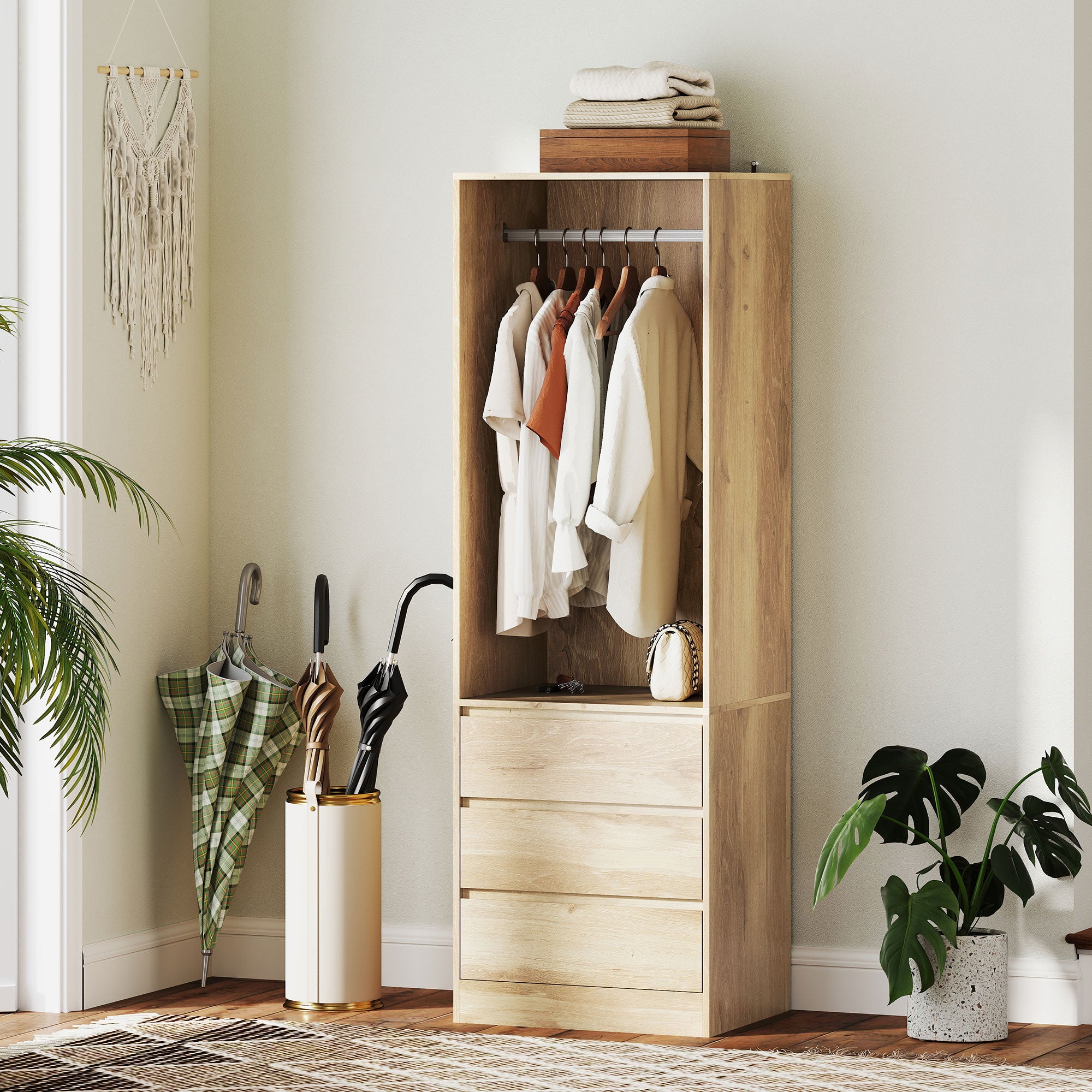 Space-Saving Wardrobe Closet with Hanging Rod, Open Shelf, and 3 Drawers, Bedroom Wardrobe, Closet Organizer, 60x48.5x185 cm, Teak Color