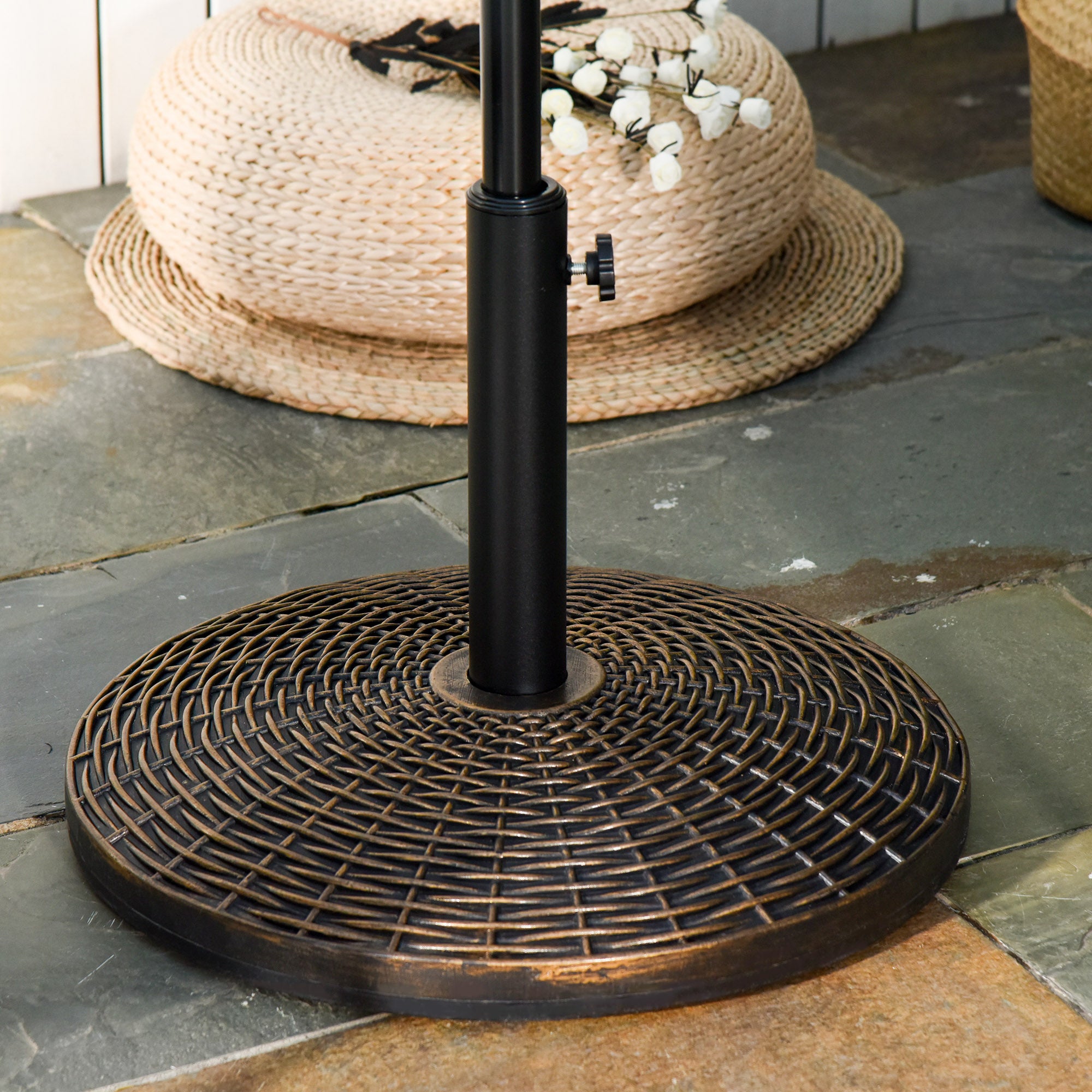 Sun Umbrella Stand Umbrella Holder Stand Base 25 kg Rattan Look Basket Stand Umbrella Ø35/Ø38/Ø48 mm Plastic + Cement Antique Bronze Ø53 x 40 cm