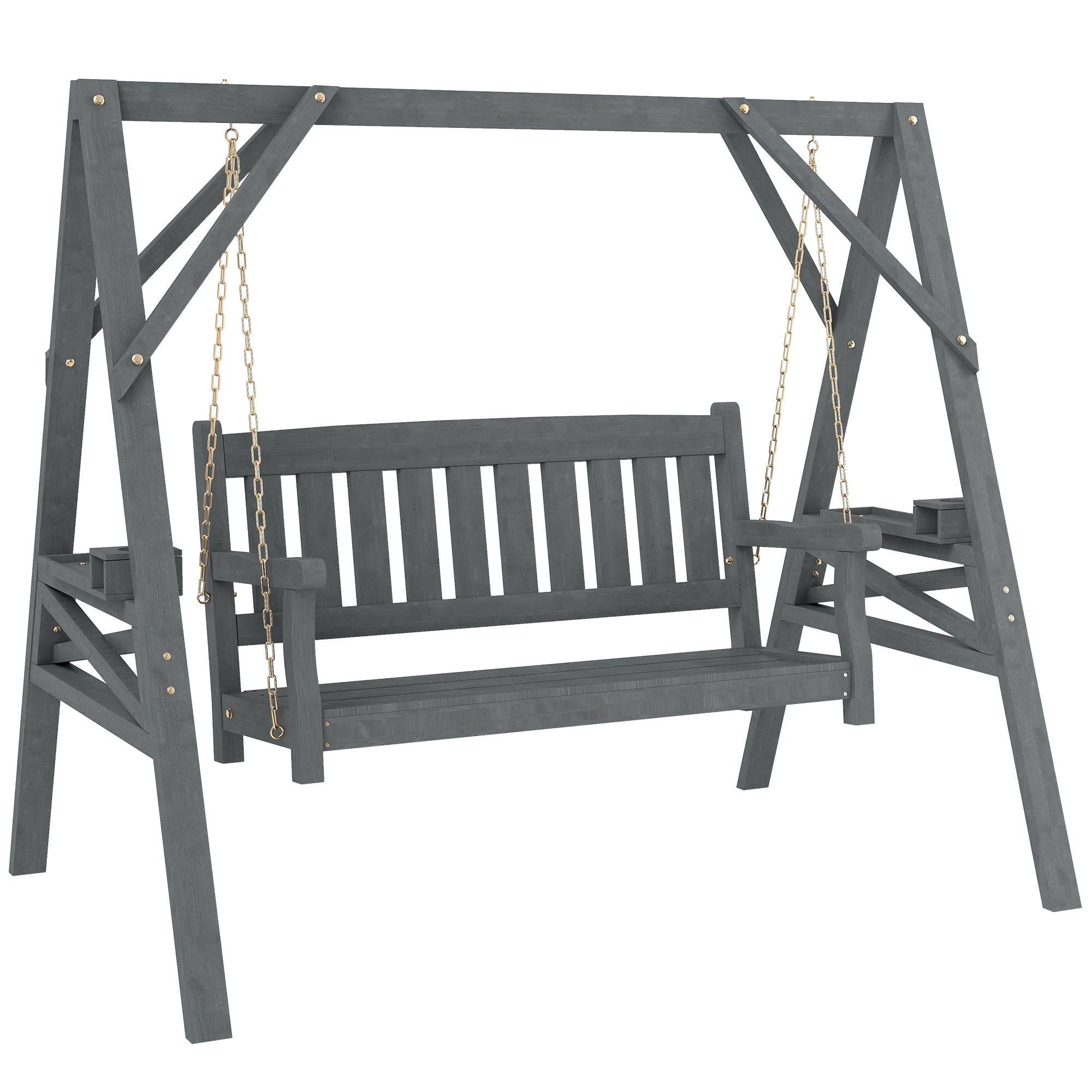 2-Seater Garden Swing — Wooden Bench with Side Tables, Cup Holders & Metal Chains, Gray
