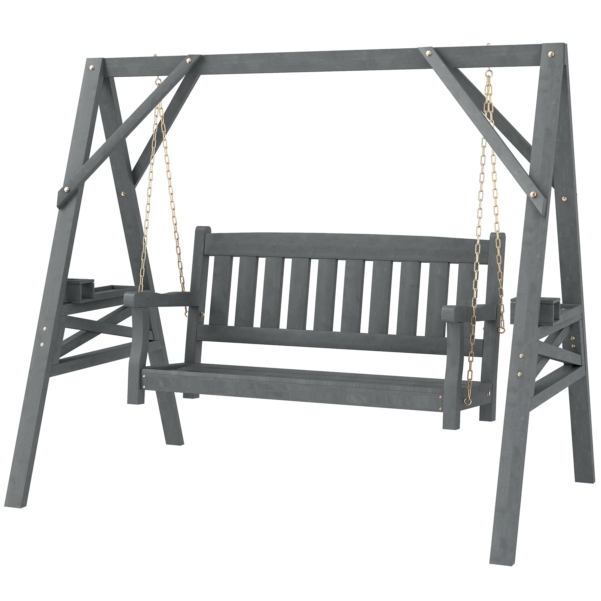 2-Seater Garden Swing — Wooden Bench with Side Tables, Cup Holders & Metal Chains, Gray