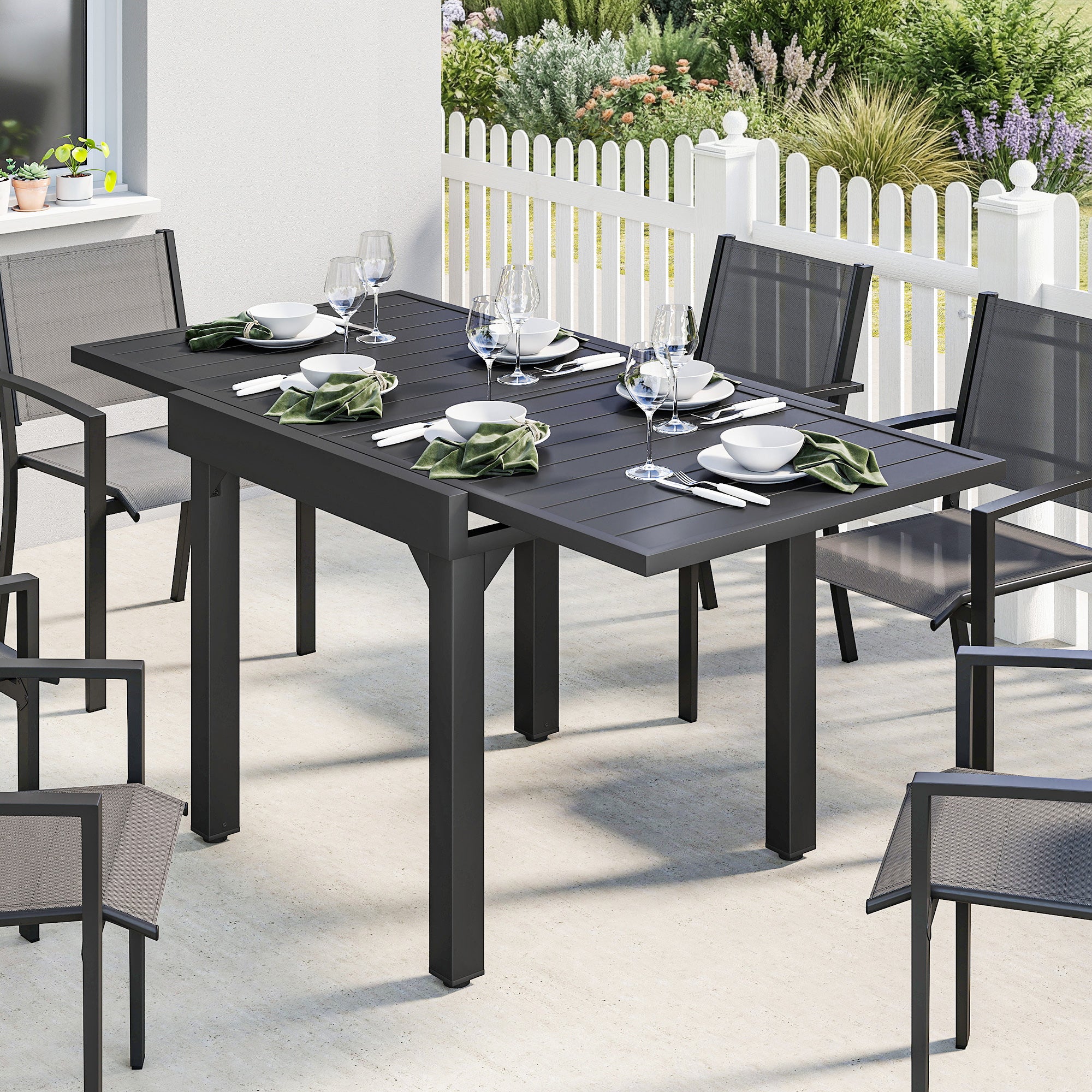 Extendable Garden Dining Table, 31.5–63 in (80–160 cm) Adjustable Outdoor Table, Aluminum Slatted Top, 154 lb Capacity, Rectangular for 4–6 People, Patio/Terrace, Black