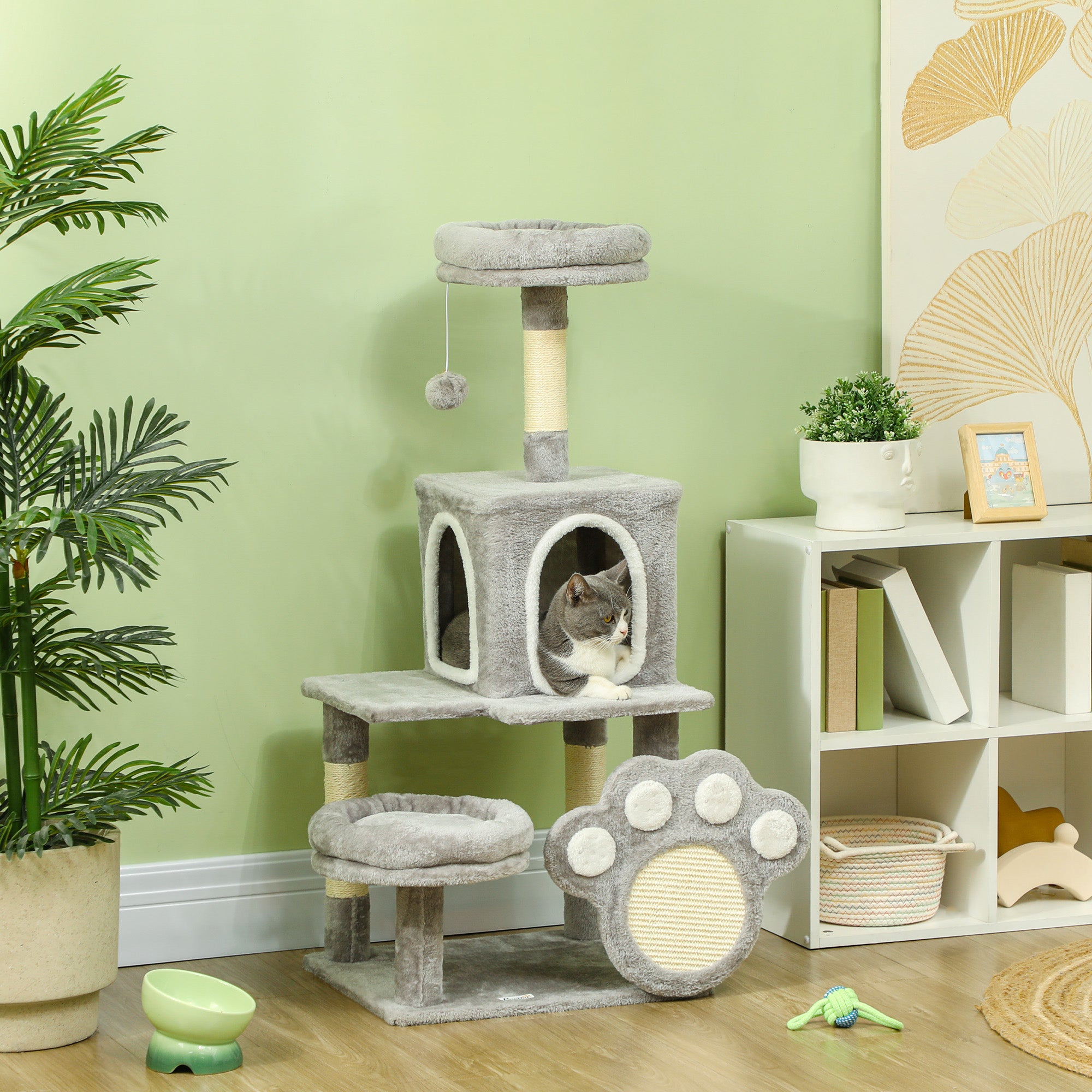 Cat Scratching Tree 110 cm Cat Tree Tower with Nests Cave Platform Scratching Mat Hanging Ball Light Gray