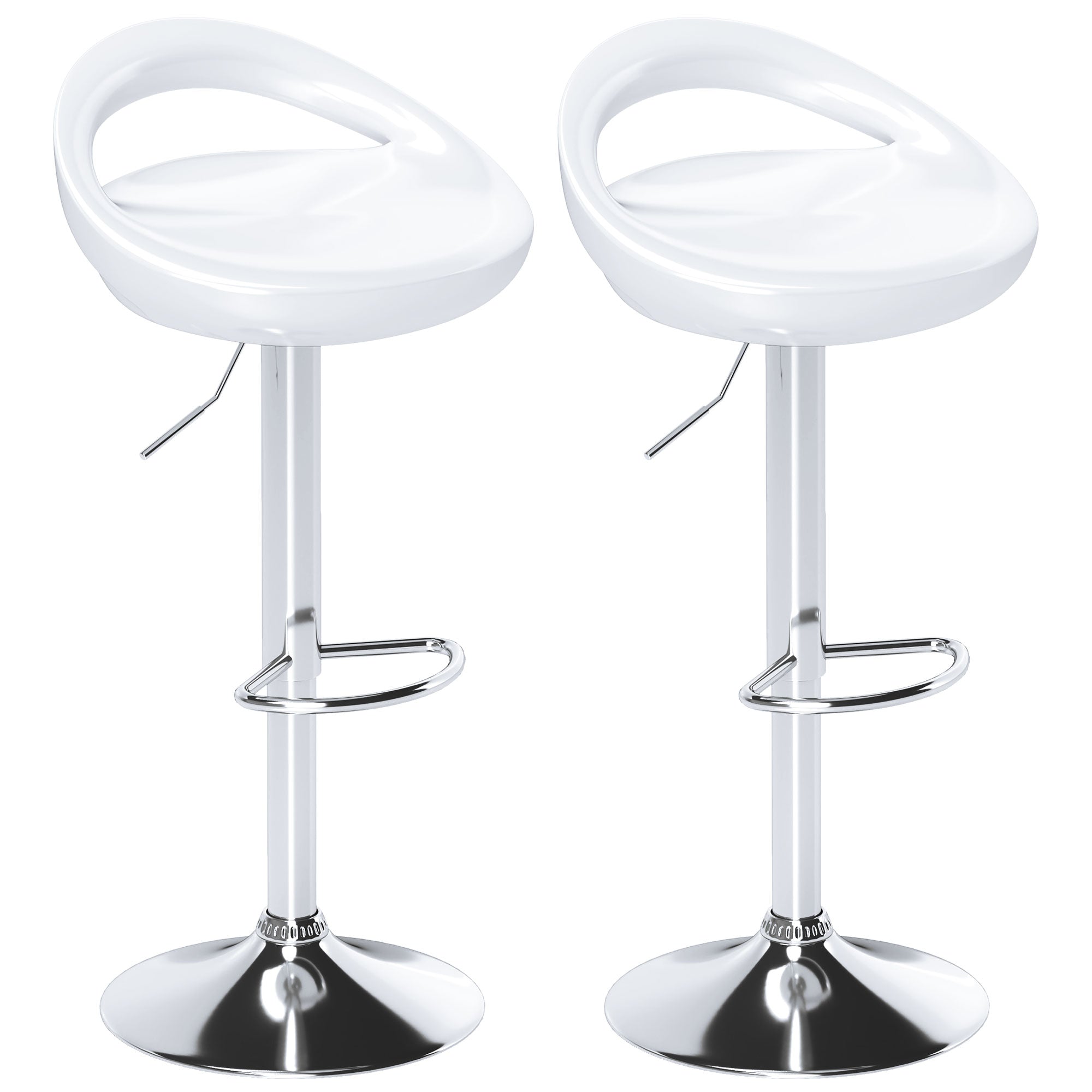 Set of 2 High Bar Stools, 360° Swivel Stools, with Backrest and Footrest, Adjustable Height, Steel Base, for Dining Room and Kitchen, 46x41x76-96cm, White