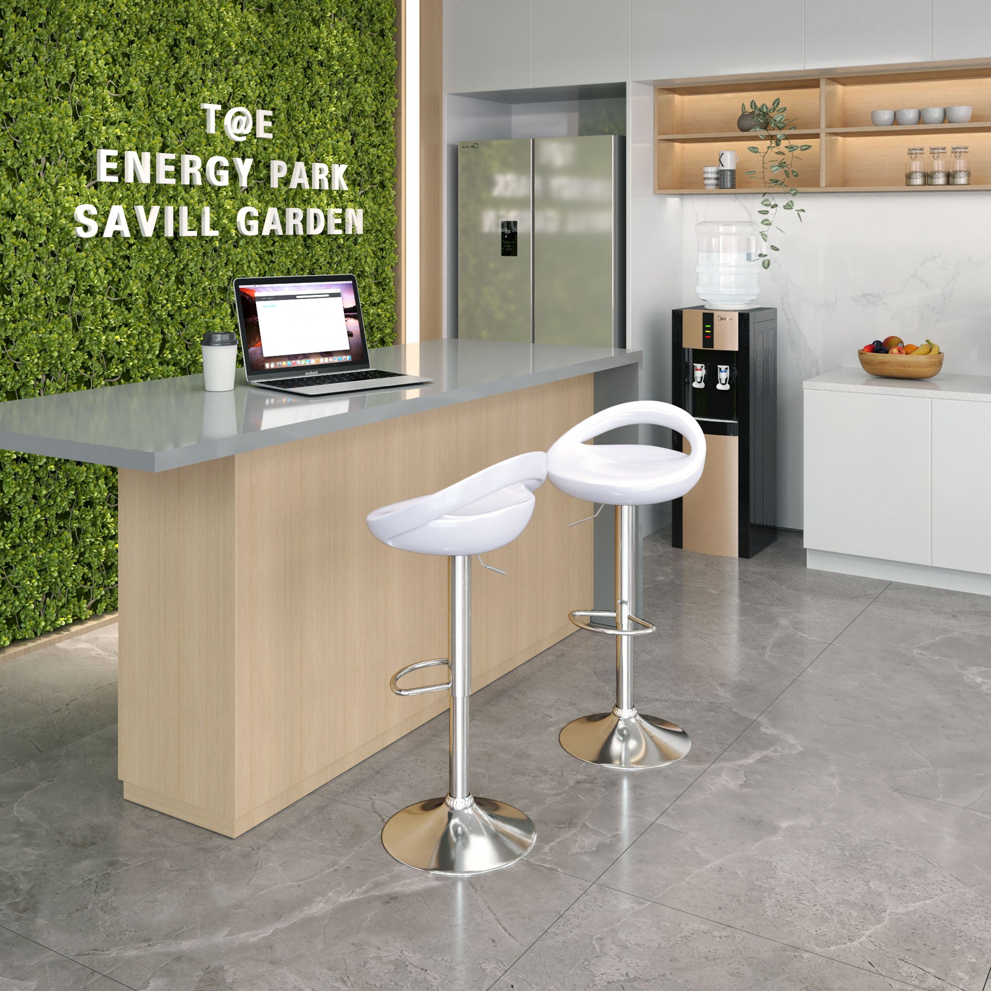 Set of 2 High Bar Stools, 360° Swivel Stools, with Backrest and Footrest, Adjustable Height, Steel Base, for Dining Room and Kitchen, 46x41x76-96cm, White