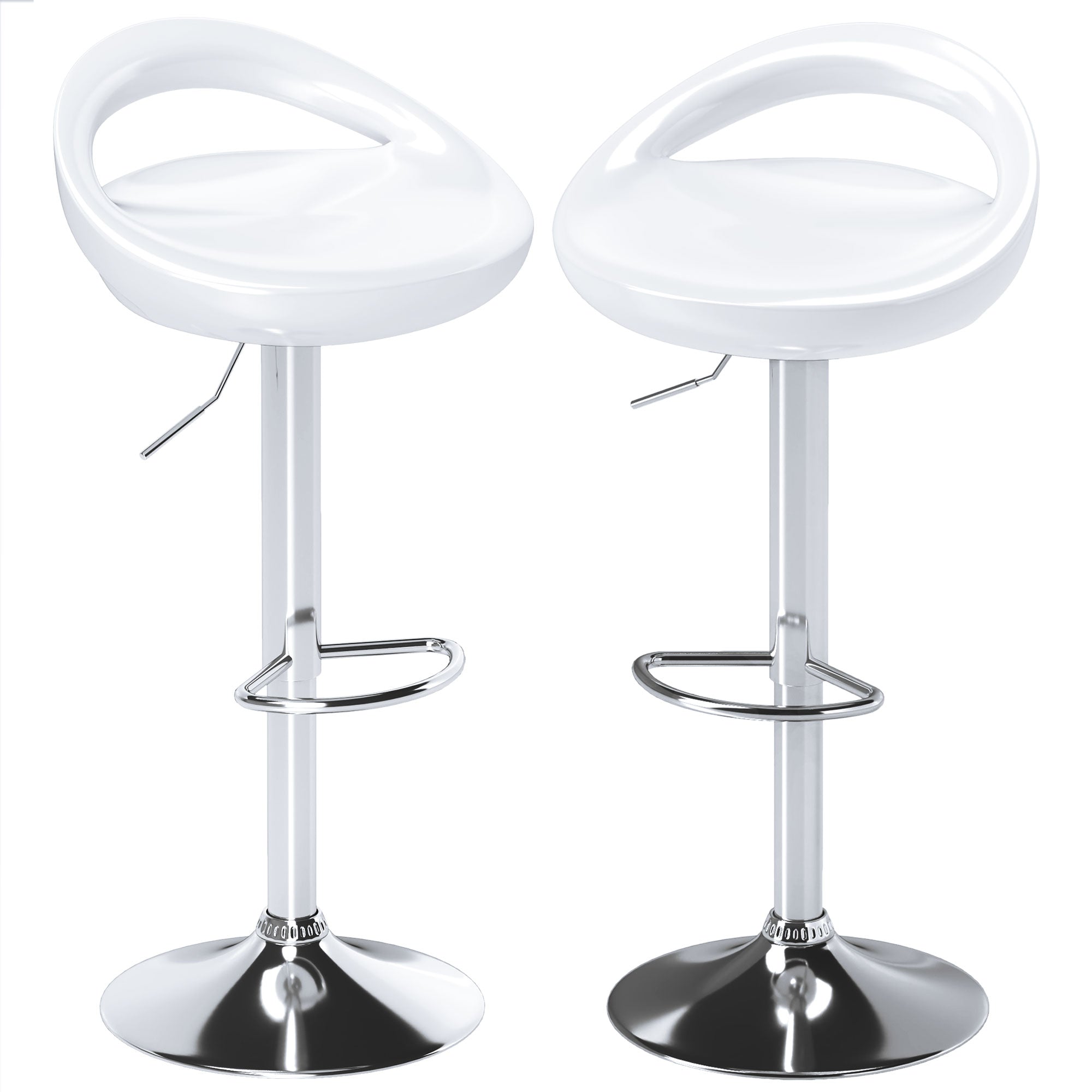 Set of 2 High Bar Stools, 360° Swivel Stools, with Backrest and Footrest, Adjustable Height, Steel Base, for Dining Room and Kitchen, 46x41x76-96cm, White