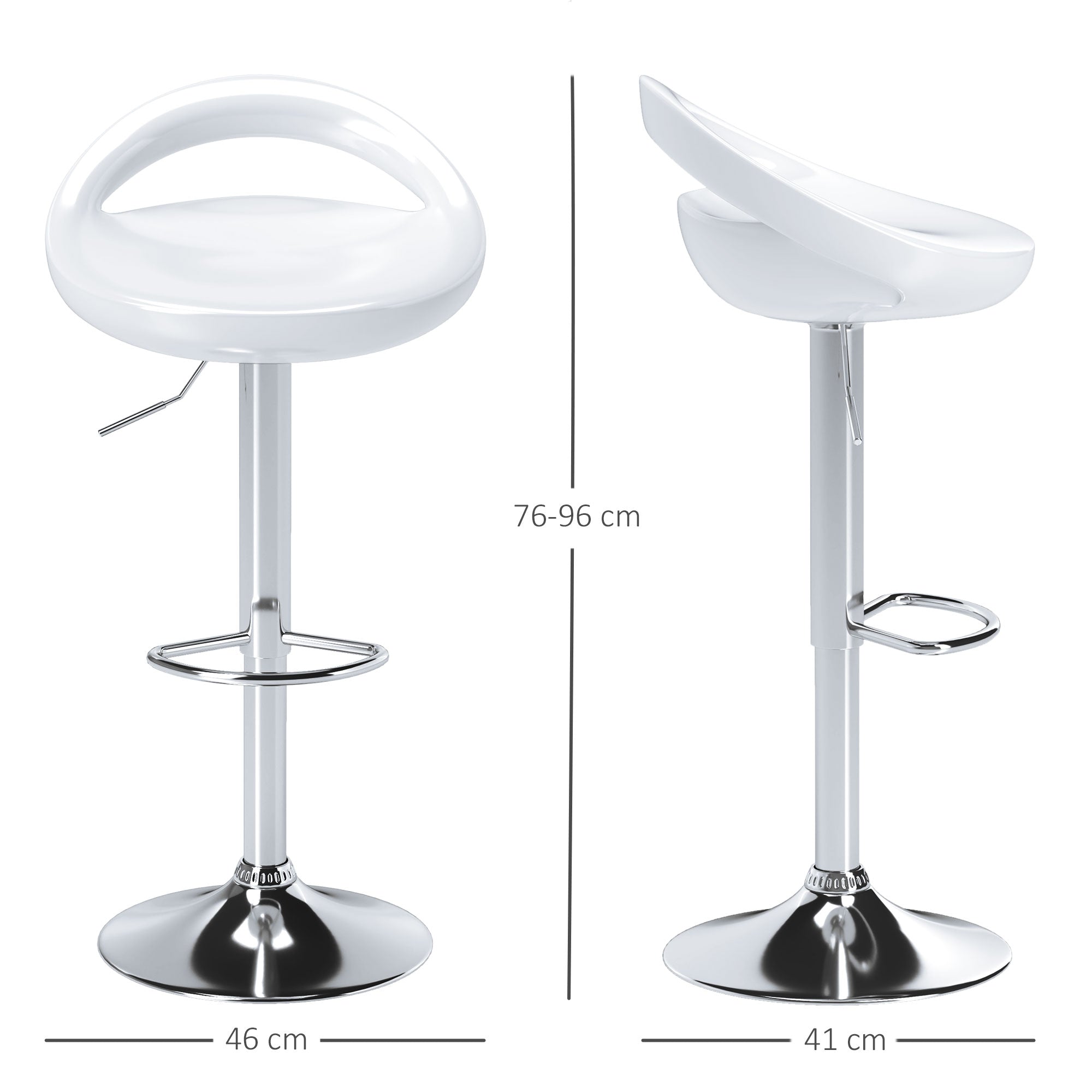 Set of 2 High Bar Stools, 360° Swivel Stools, with Backrest and Footrest, Adjustable Height, Steel Base, for Dining Room and Kitchen, 46x41x76-96cm, White